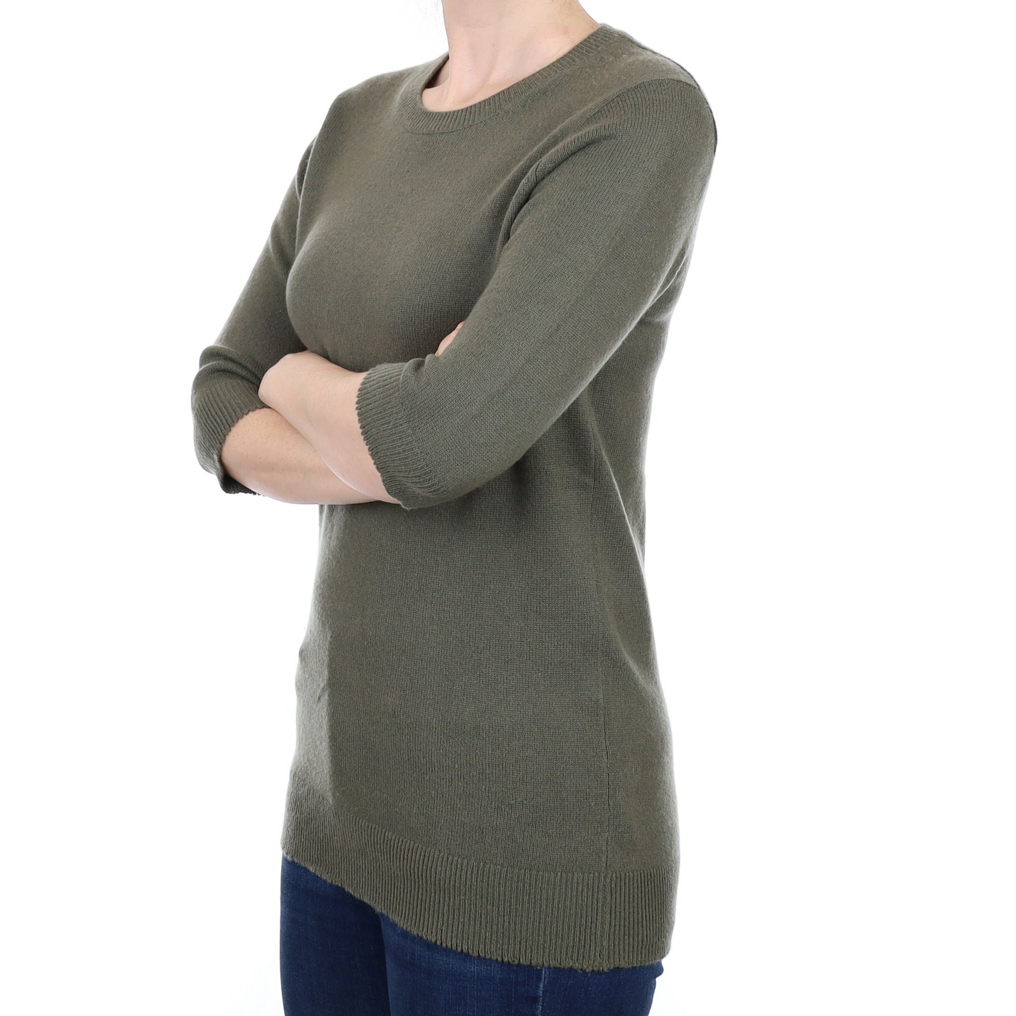 Khaki Green Cashmere 3/4 Sleeve Crew Neck Longline Jumper Small