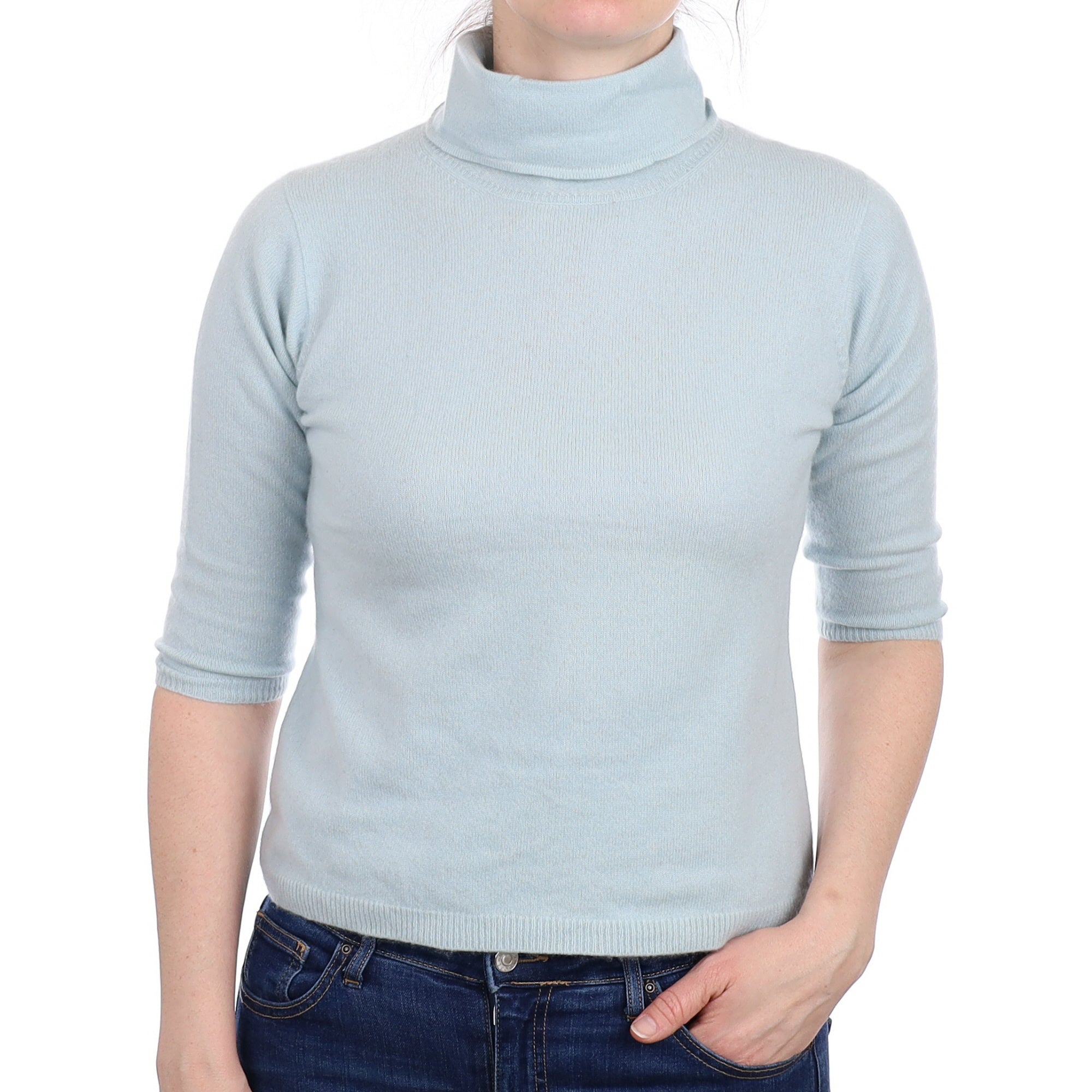 Sky Blue Cashmere 3/4 Sleeve Polo Neck Jumper Small