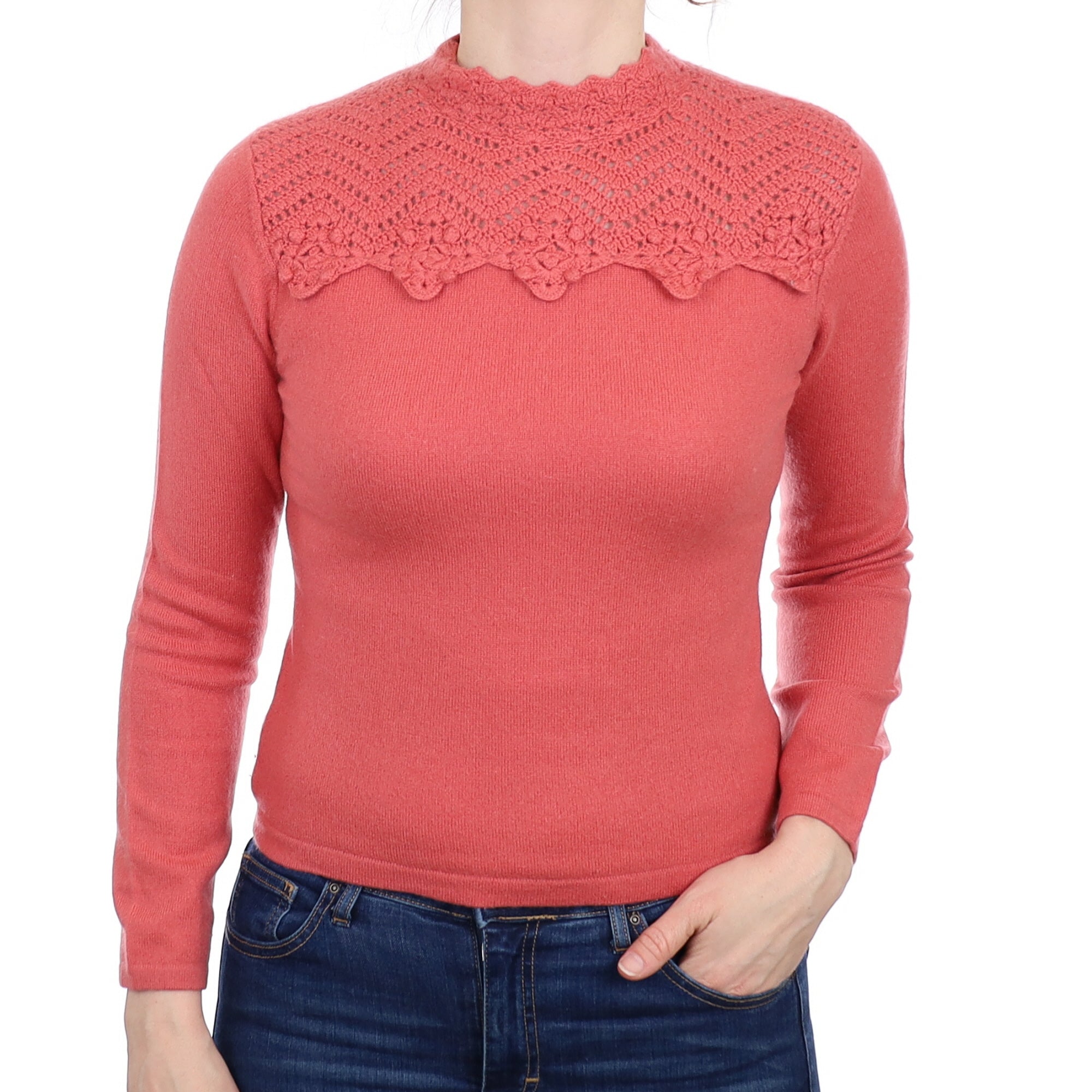 Deep Coral Lace Detail Cashmere Turtle Neck Jumper Small