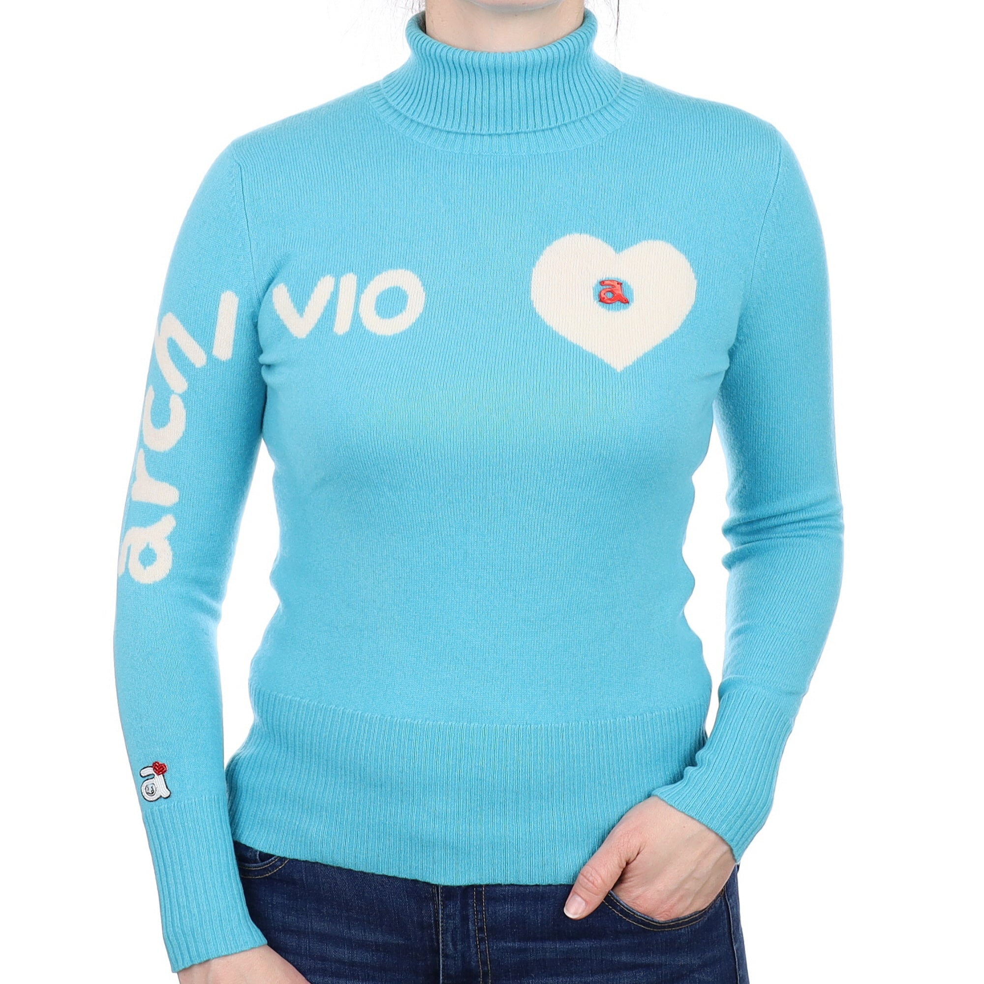 Bright Aqua Slogan Cashmere Polo Neck Jumper Small