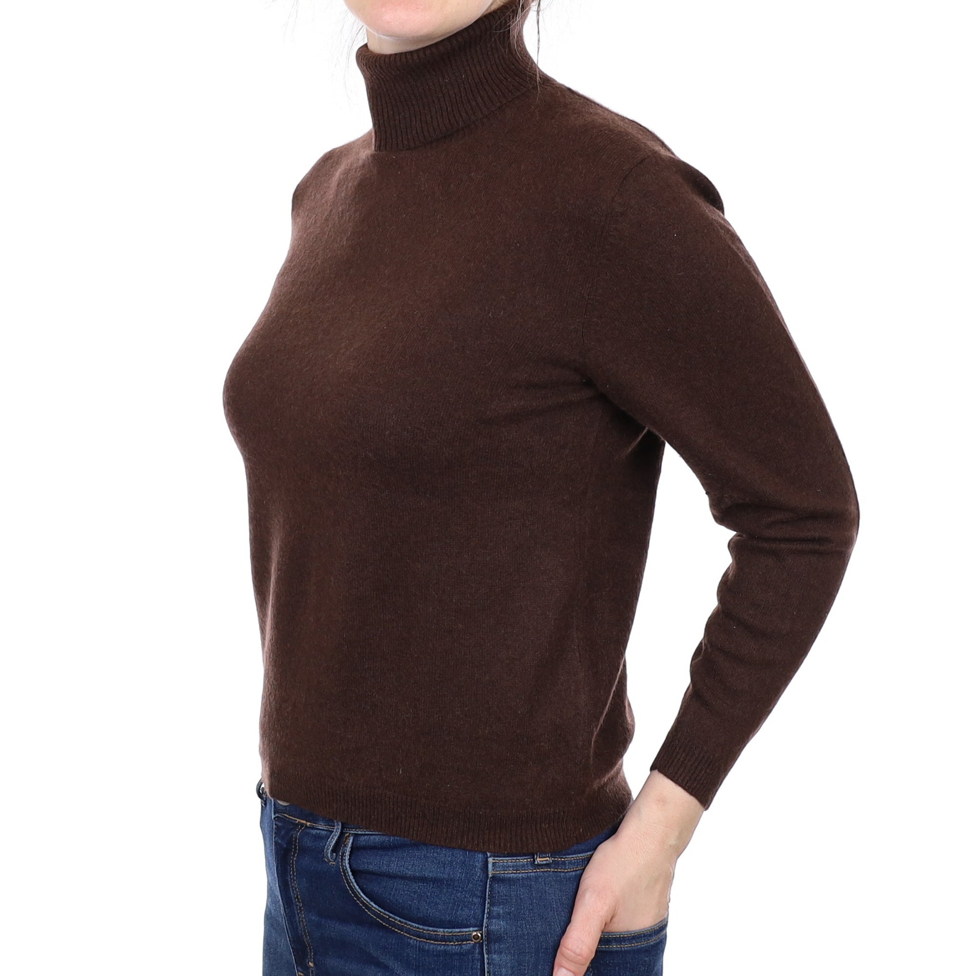 Chocolate Brown Cashmere Polo Neck Jumper Small