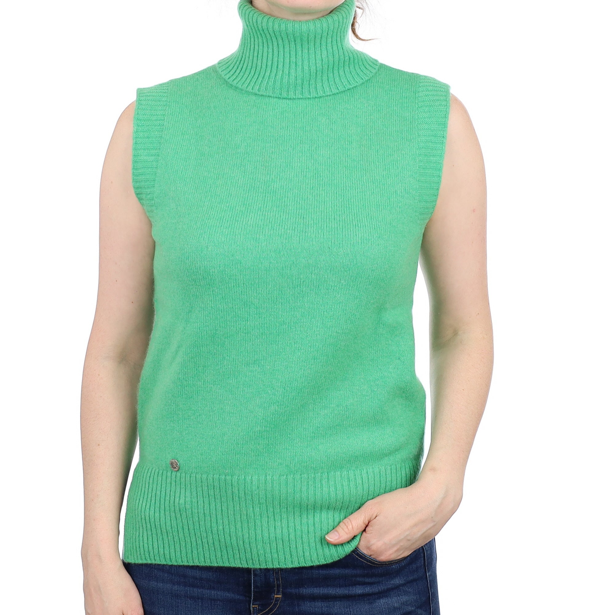 Neon Green Cashmere Sleeveless Polo Neck Jumper Small