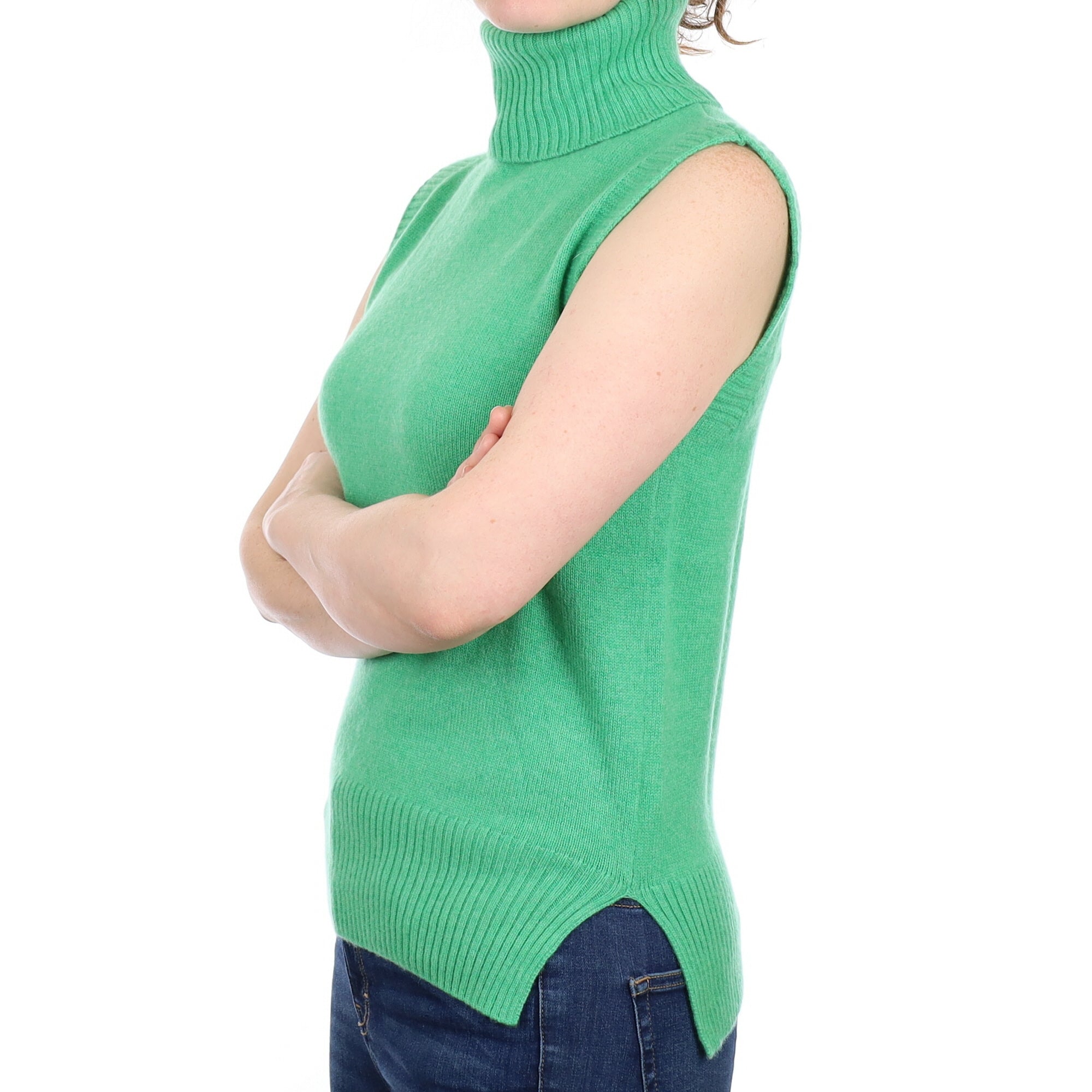 Neon Green Cashmere Sleeveless Polo Neck Jumper Small