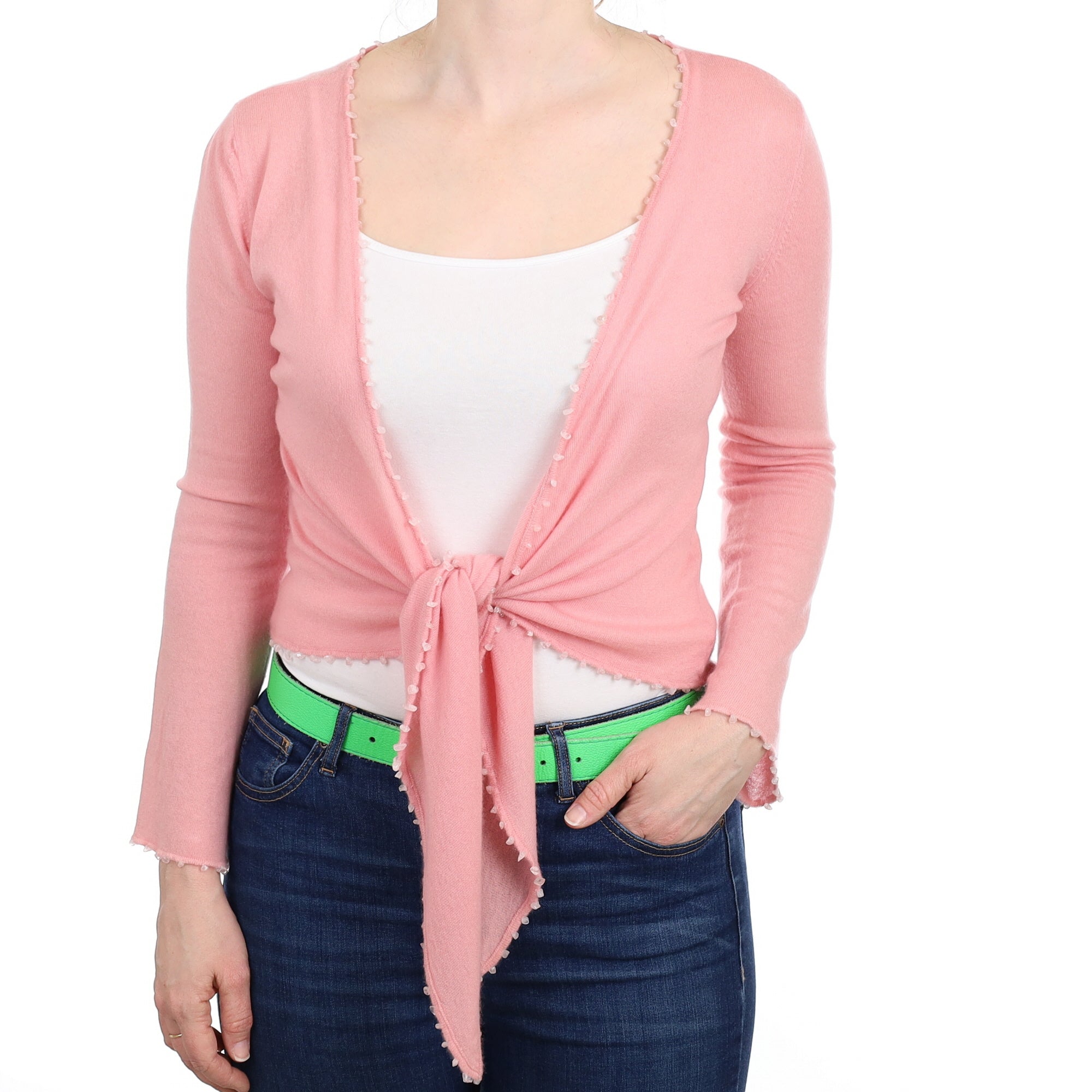 Carnation Pink Cashmere Tie Front Cardigan Small