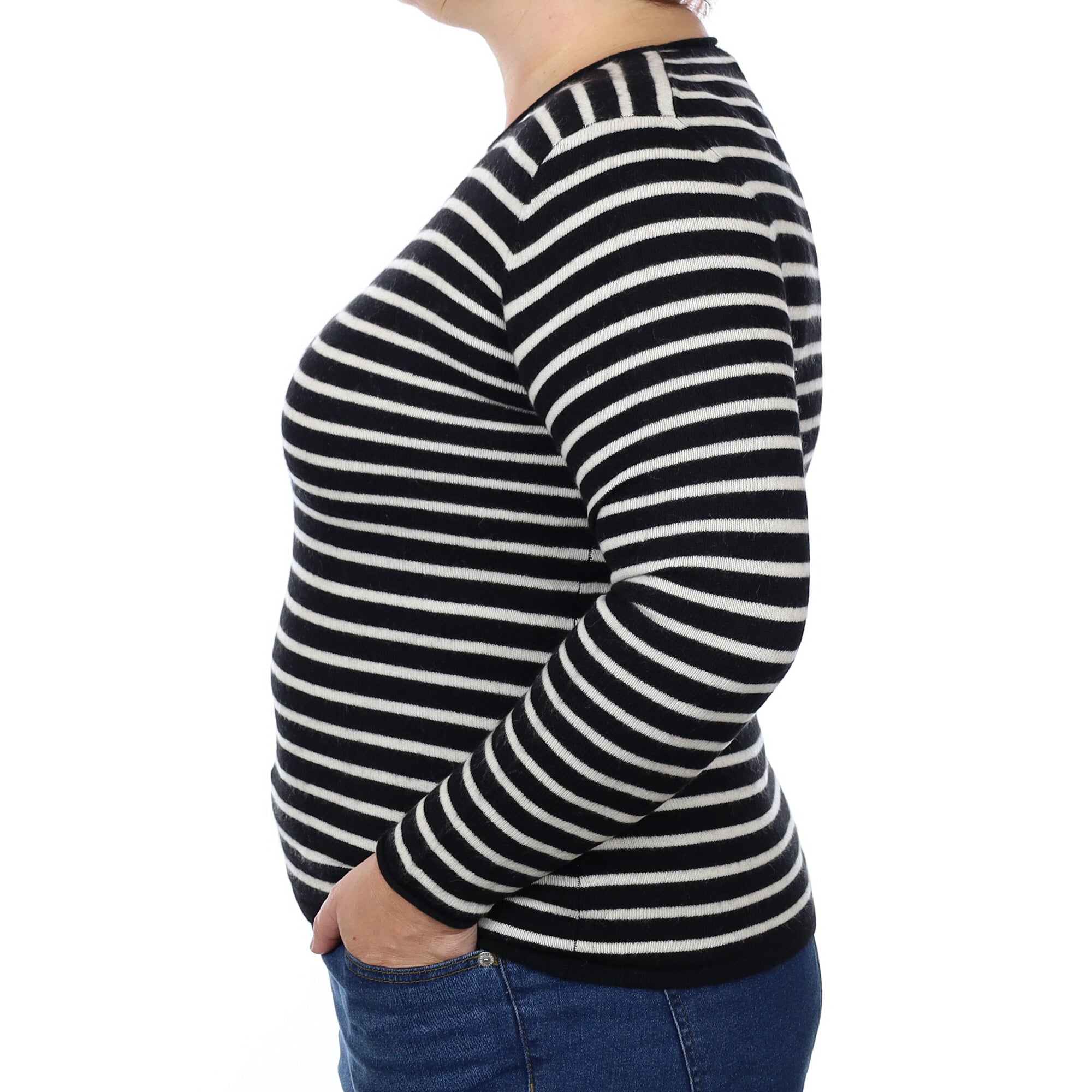 Black and Cream Stripe Cashmere Crew Neck Jumper Large
