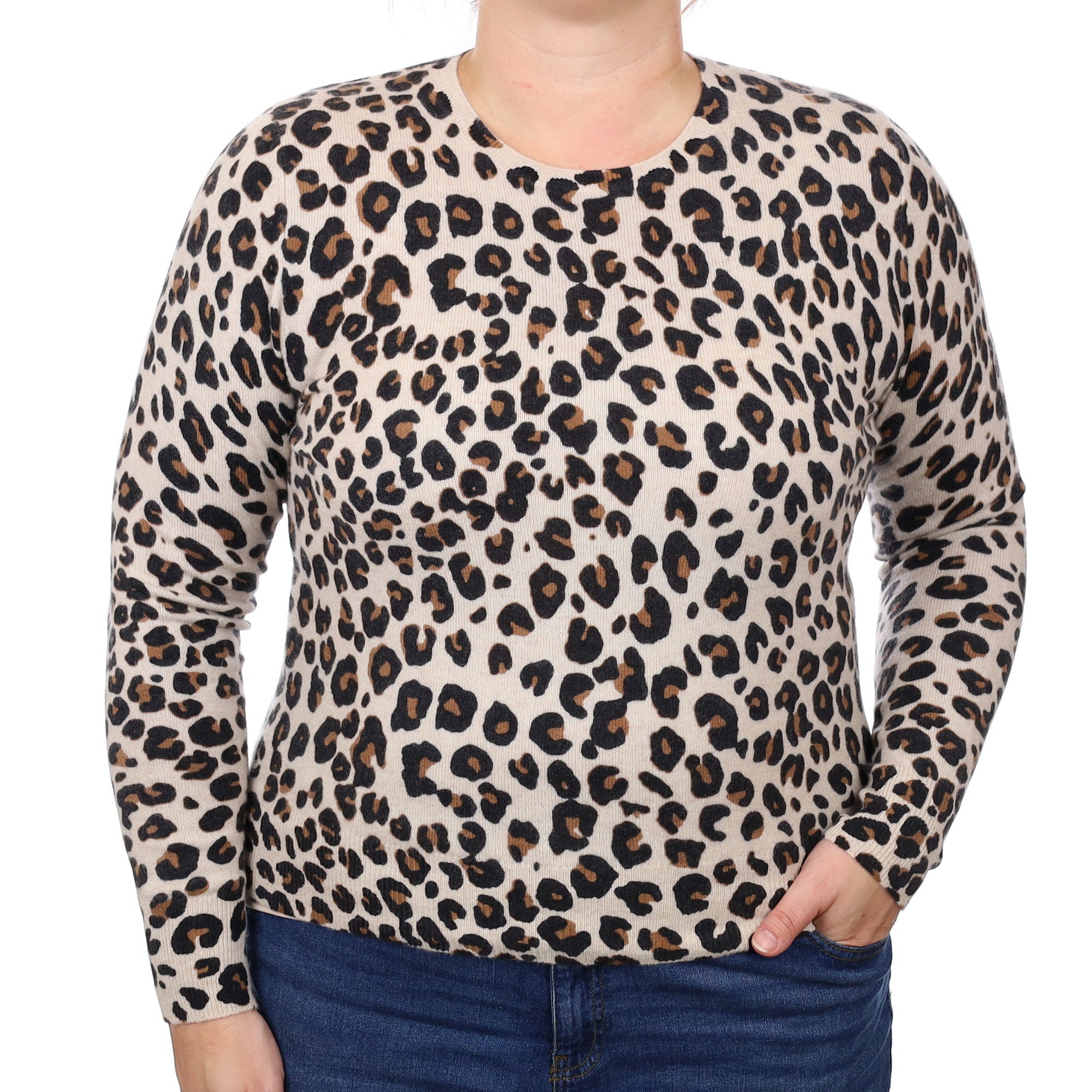 Oatmeal Leopard Print Cashmere Crew Neck Jumper Large