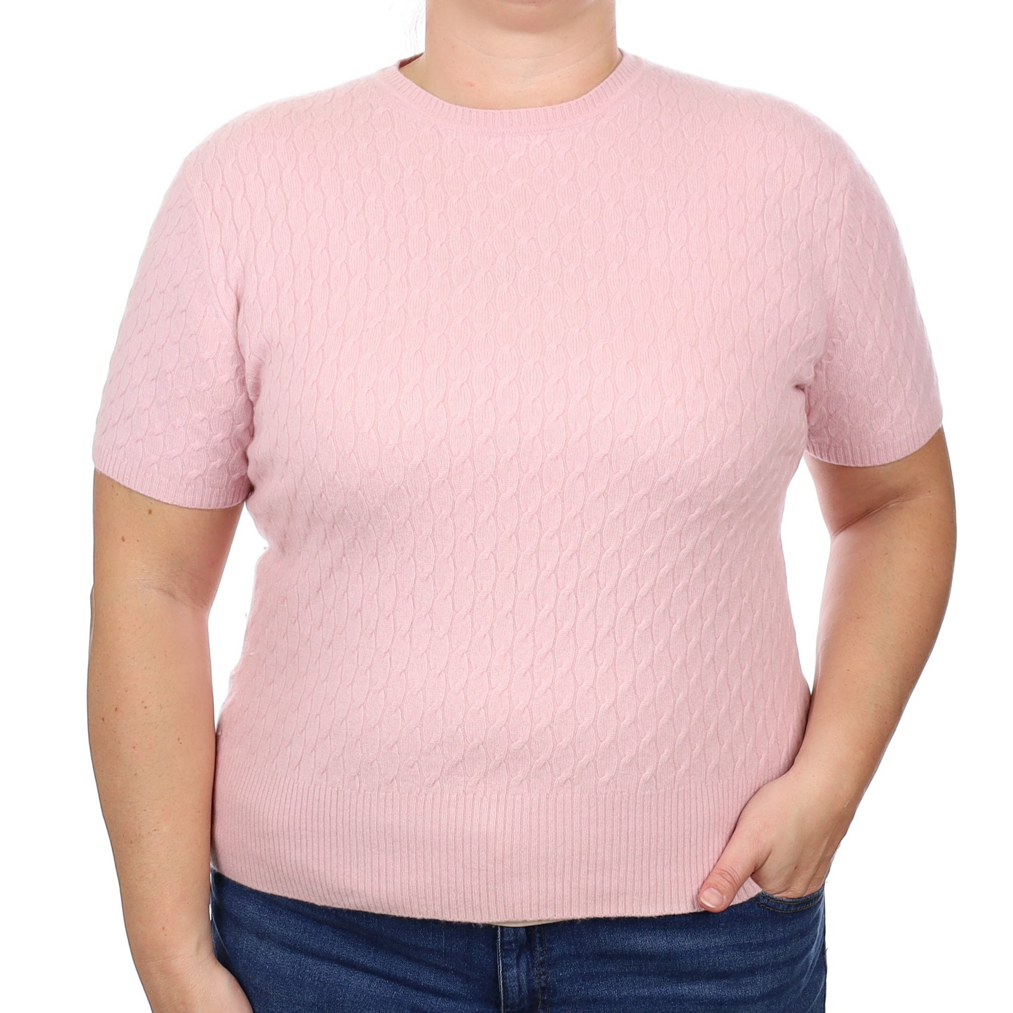 Carnation Pink Cable Cashmere Short Sleeve Crew Neck Jumper Large
