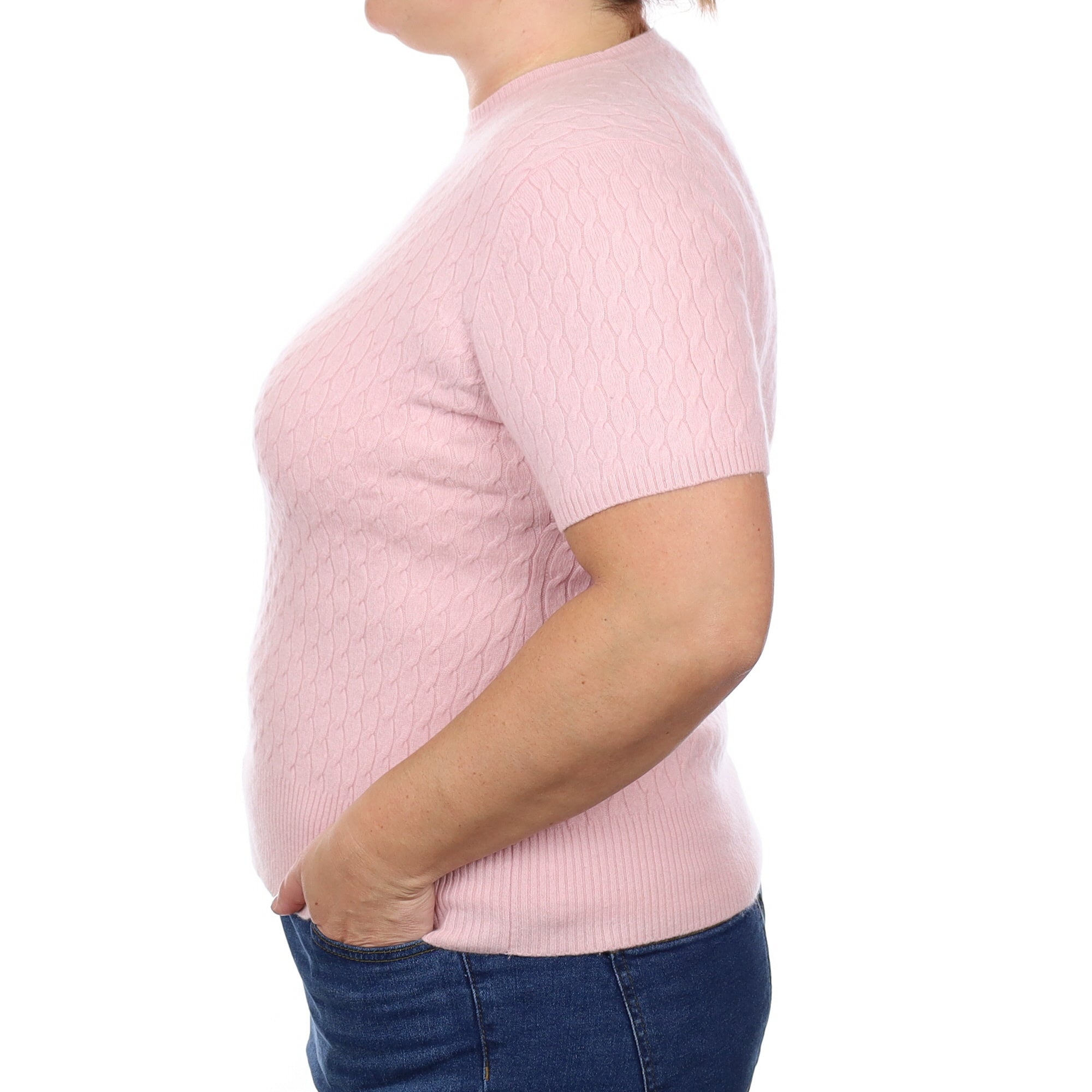 Carnation Pink Cable Cashmere Short Sleeve Crew Neck Jumper Large