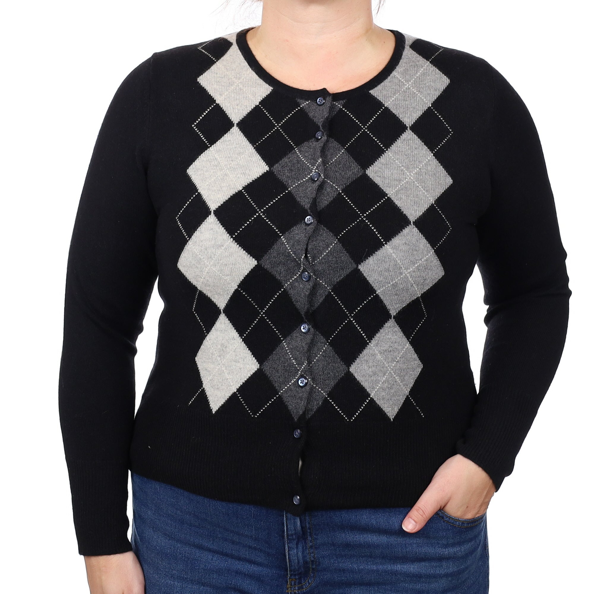 Black and Grey Argyle Cashmere Crew Neck Cardigan Large