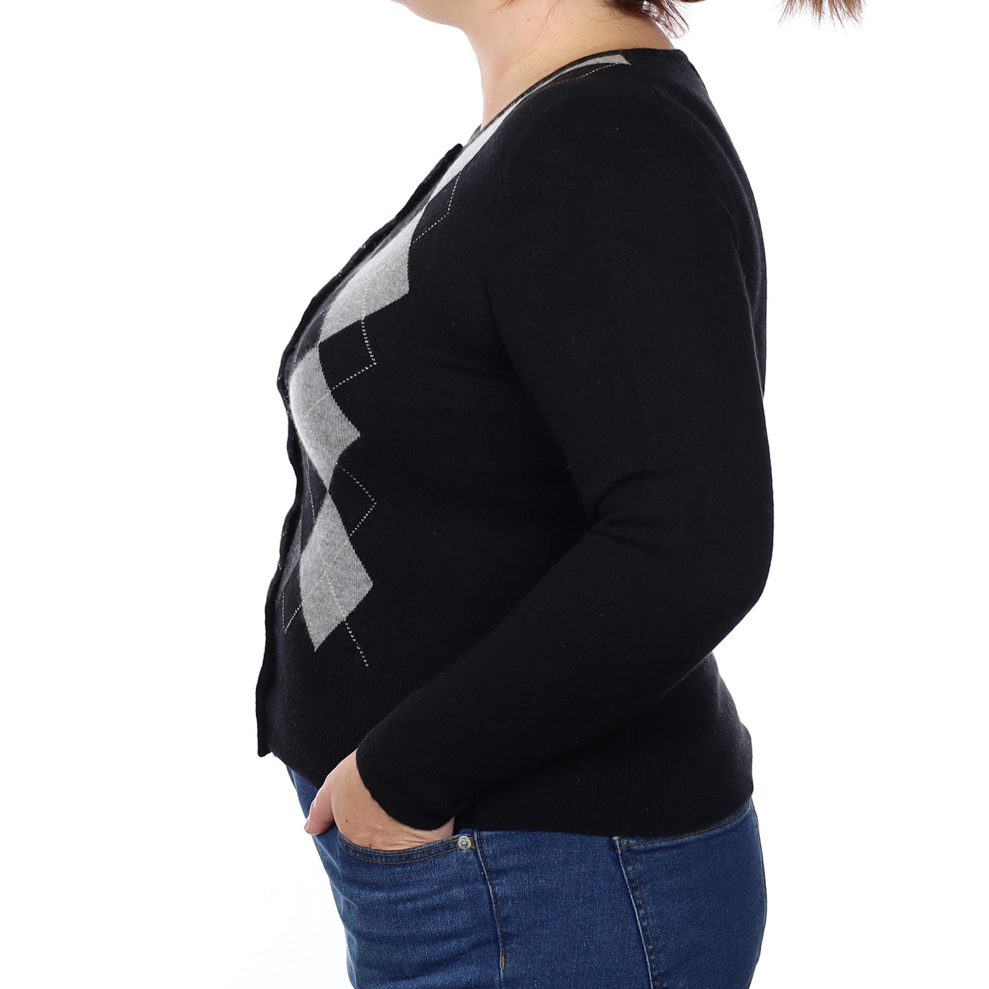 Black and Grey Argyle Cashmere Crew Neck Cardigan Large