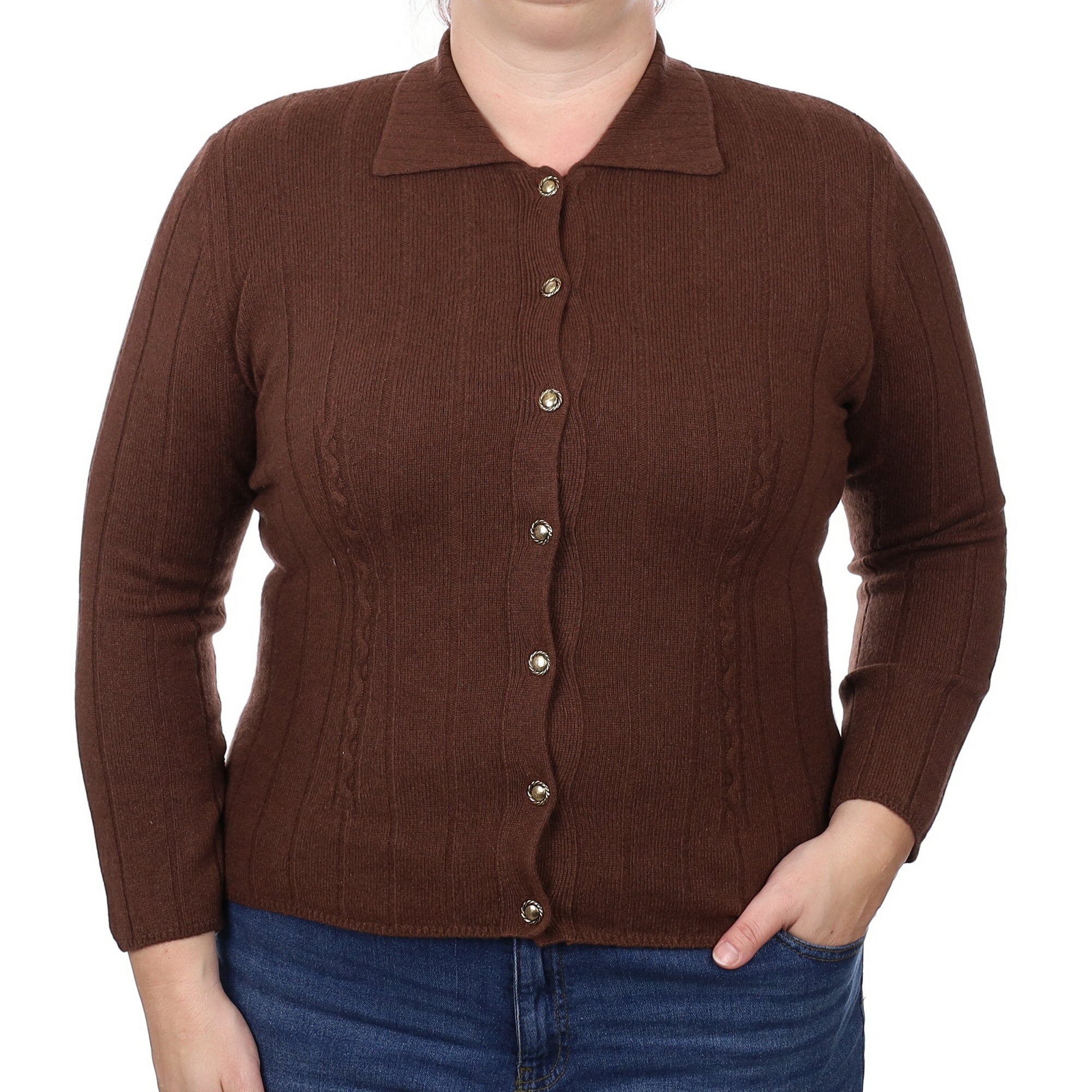 Chocolate Brown Rib Cashmere Collared Cardigan Large