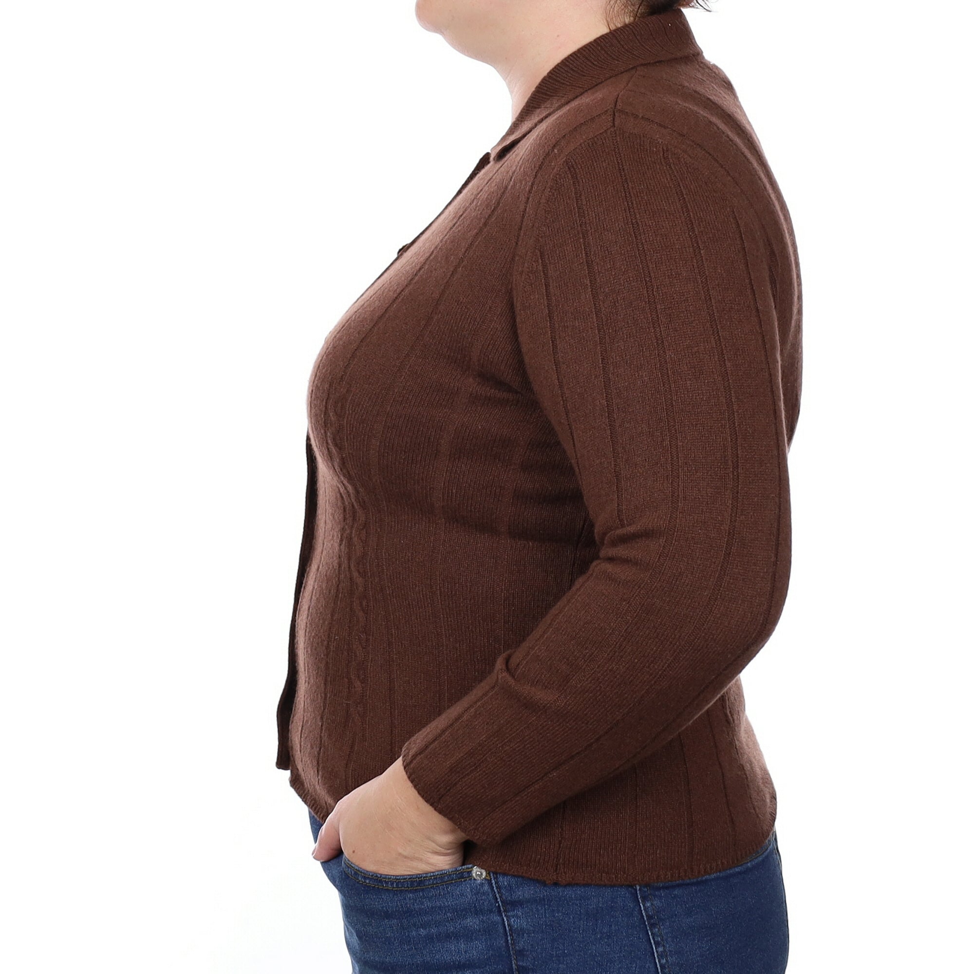 Chocolate Brown Rib Cashmere Collared Cardigan Large