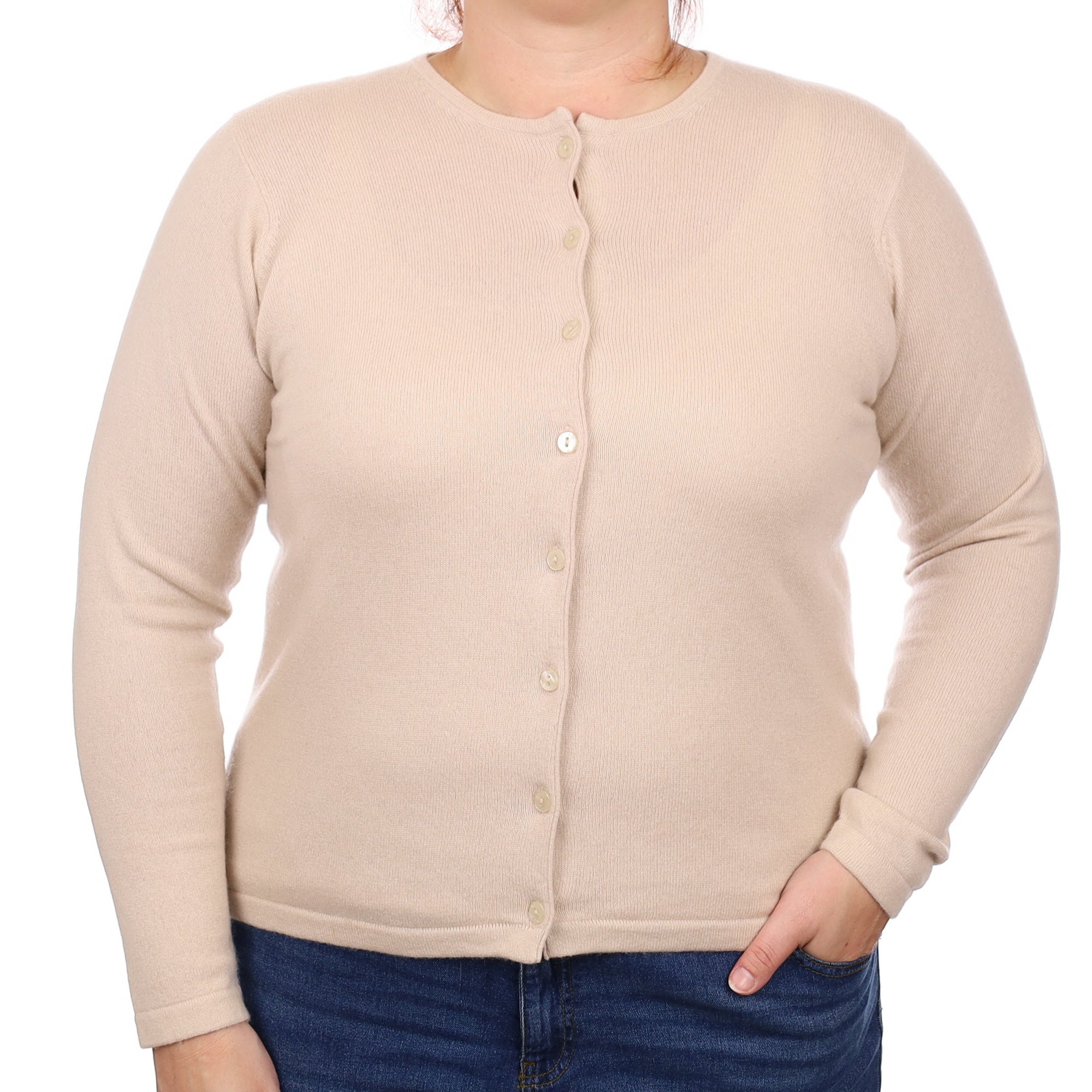 Soft Fawn Cashmere Crew Neck Cardigan Large