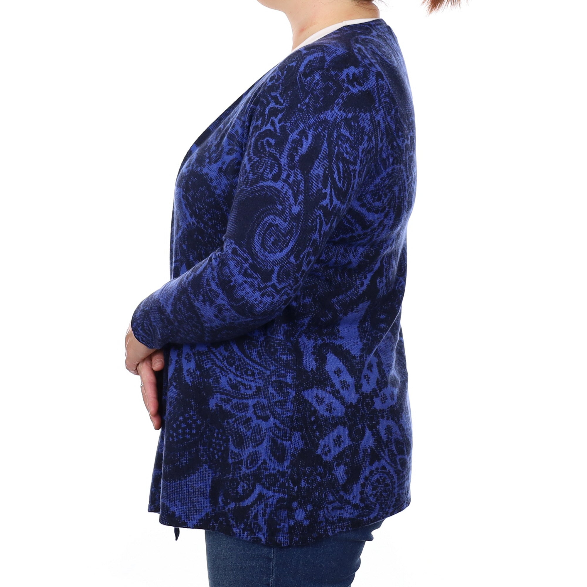 Cobalt and Black Paisley Cashmere Edge to Edge Cardigan Large