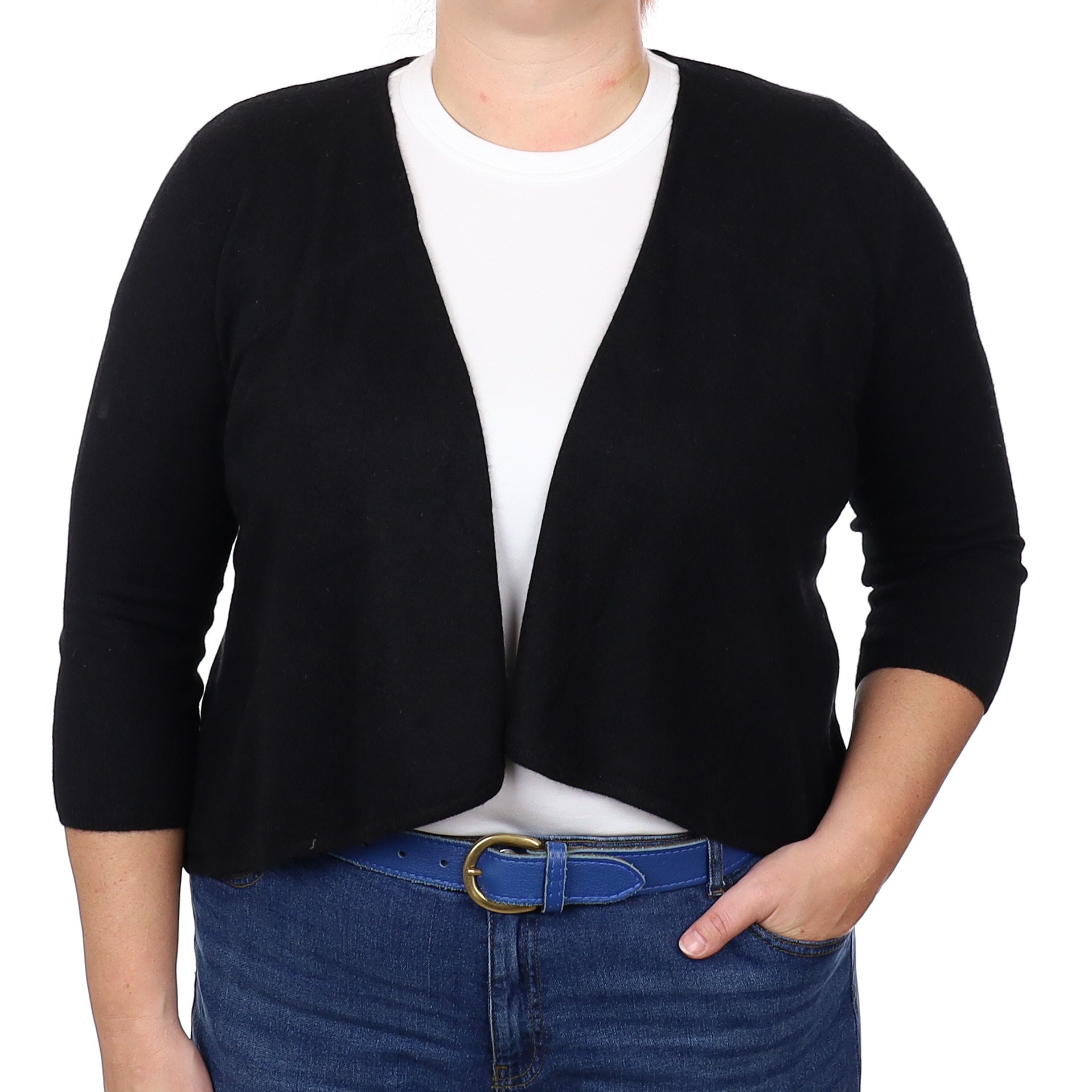 Black Cashmere 3/4 Sleeve Edge to Edge Cardigan Large