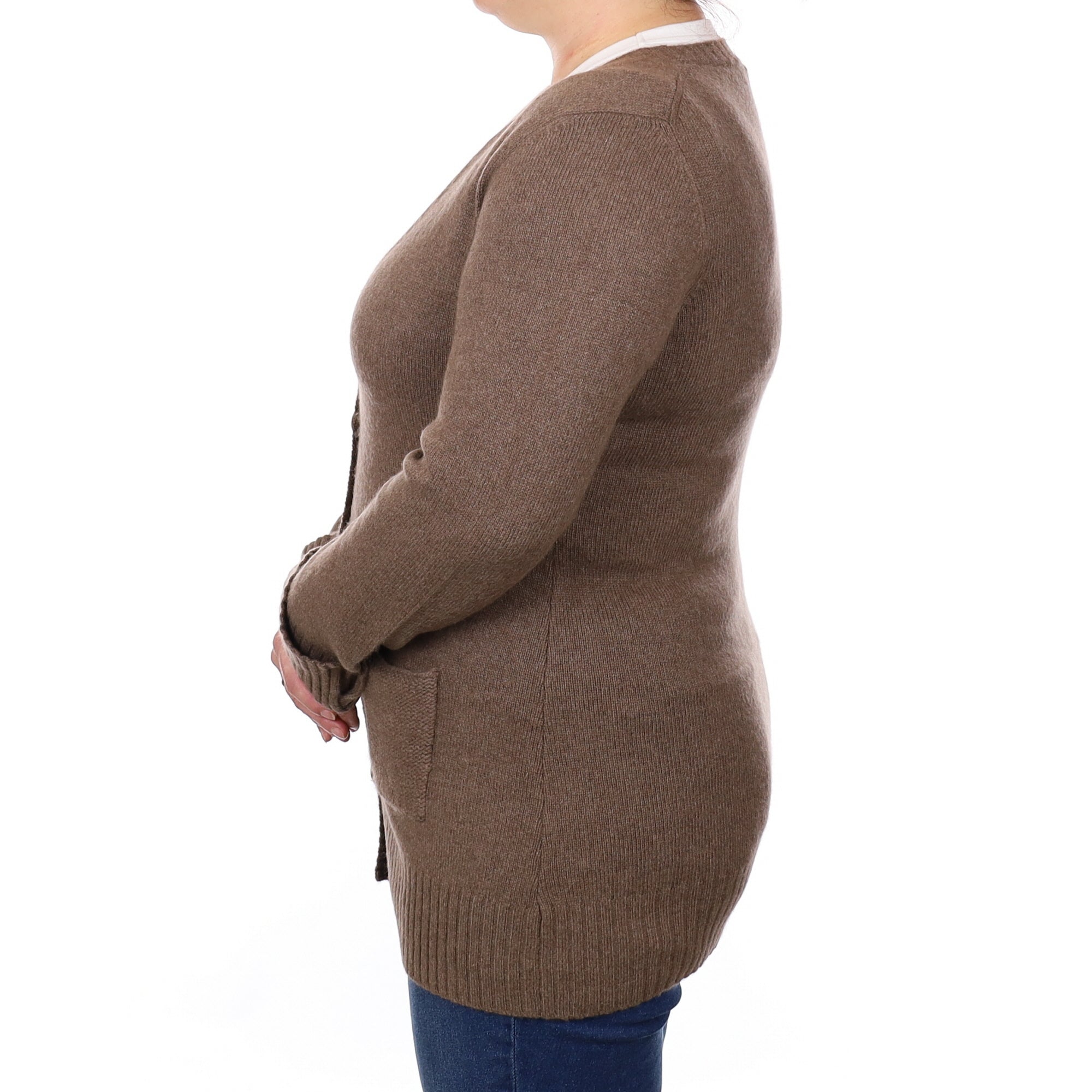 Italian Mocha Brown Cashmere Longline V Neck Cardigan Large