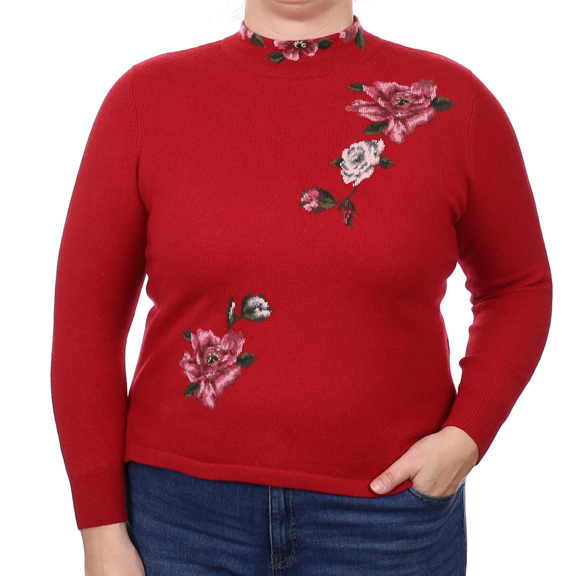 Red Floral Cashmere Turtleneck Jumper Large