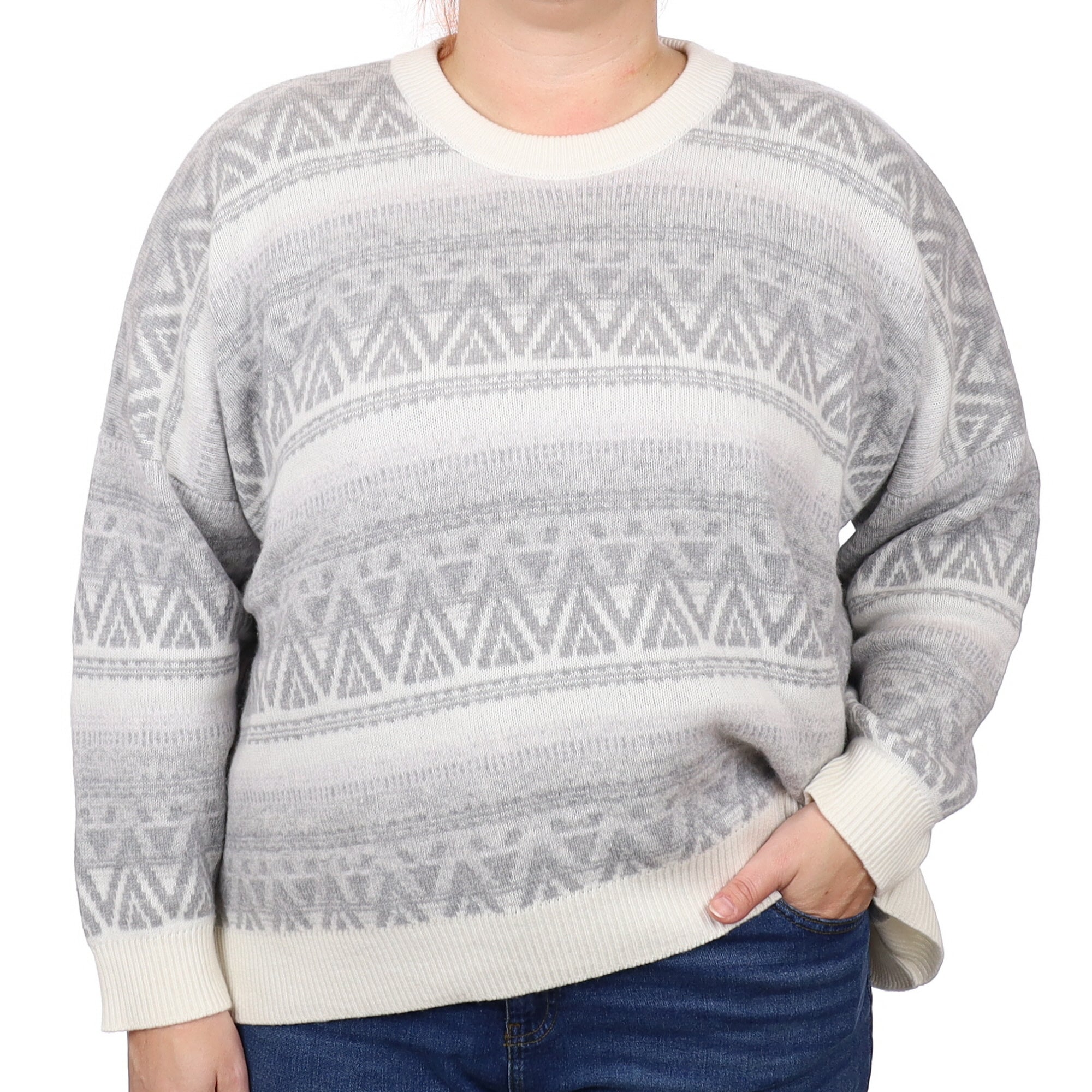 Brand New Scottish Grey Patterned Cashmere Chunky Crew Neck Jumper Large