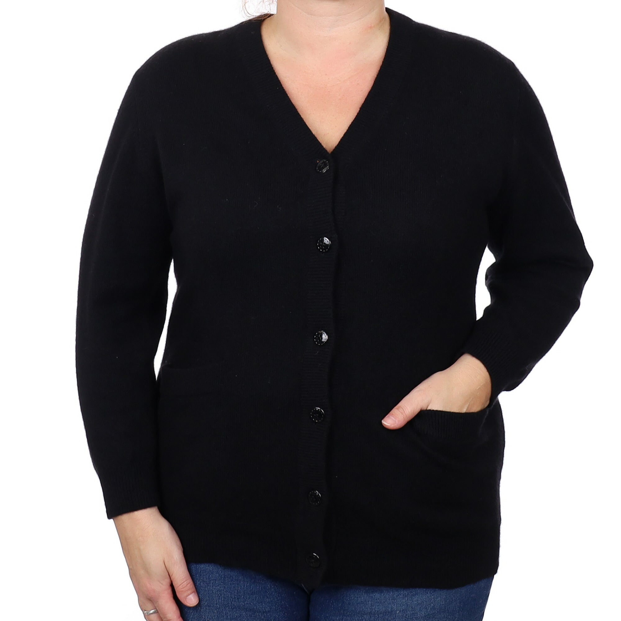 Black Cashmere V Neck Cardigan with Pockets Large