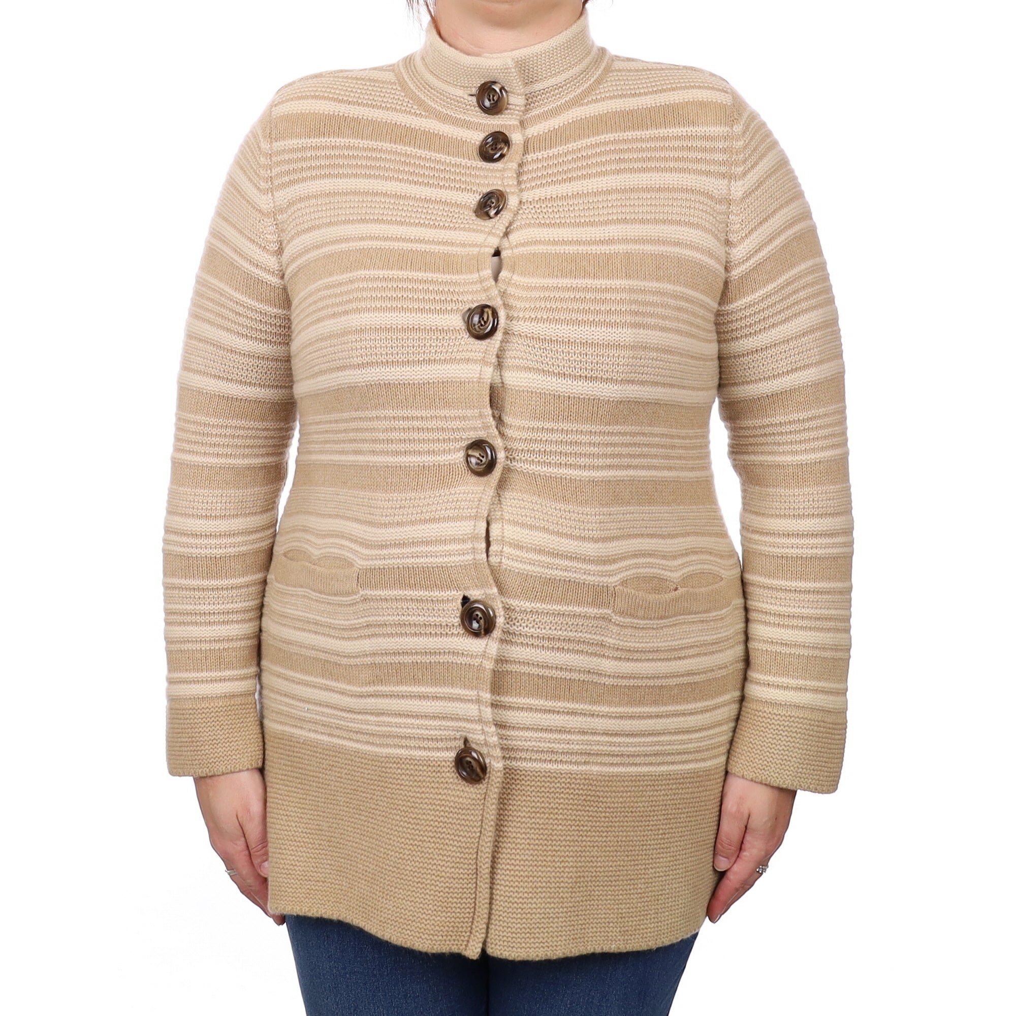Caramel Stripe Cashmere Chunky Turtle Neck Coat with Pockets Large