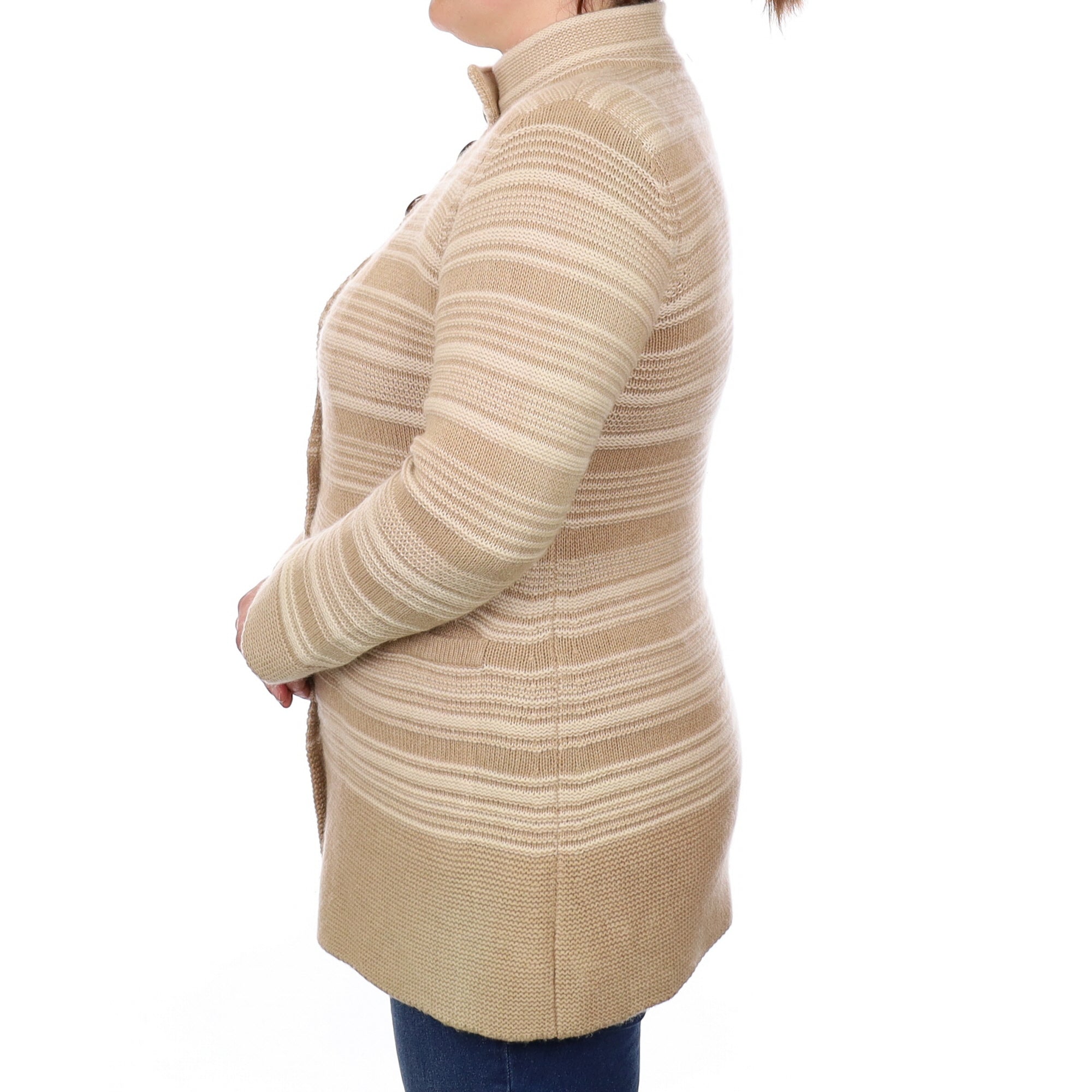 Caramel Stripe Cashmere Chunky Turtle Neck Coat with Pockets Large
