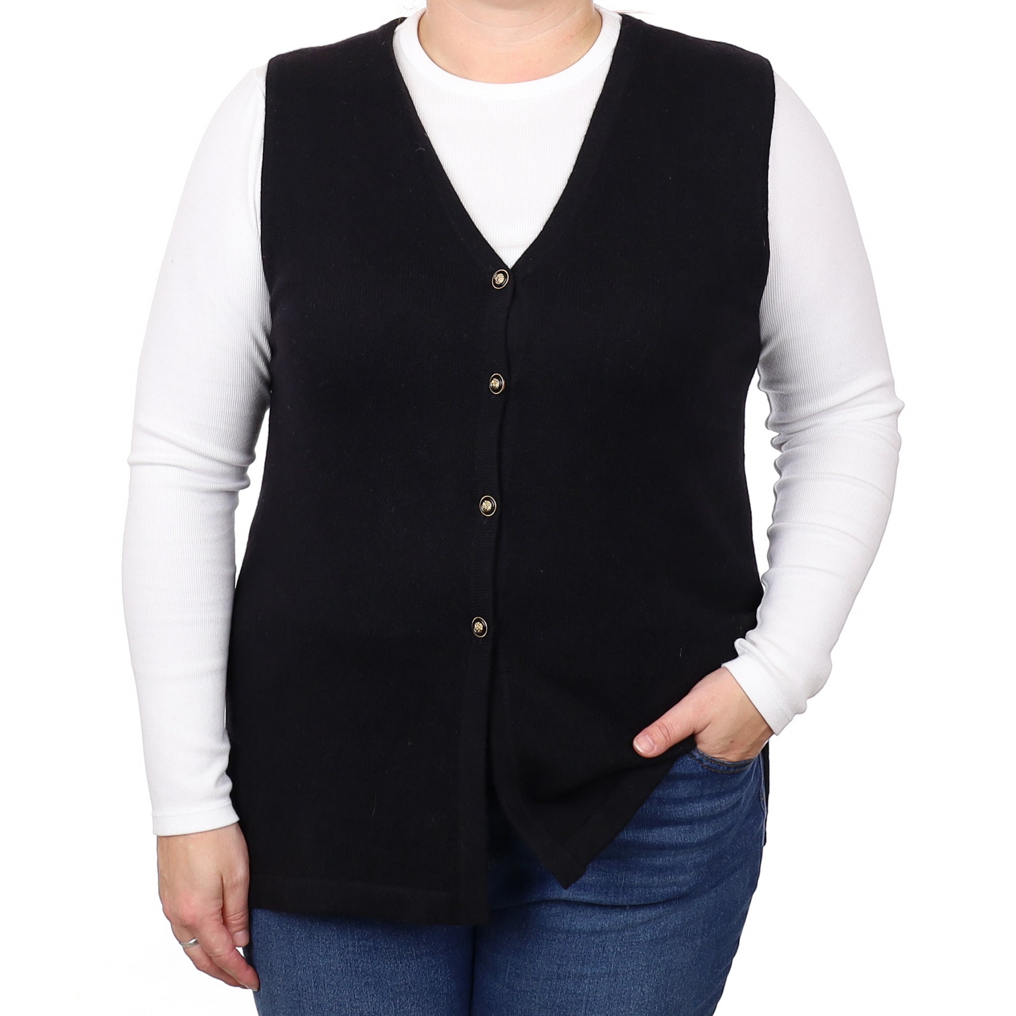 Black Cashmere Sleeveless V Neck Cardigan Large