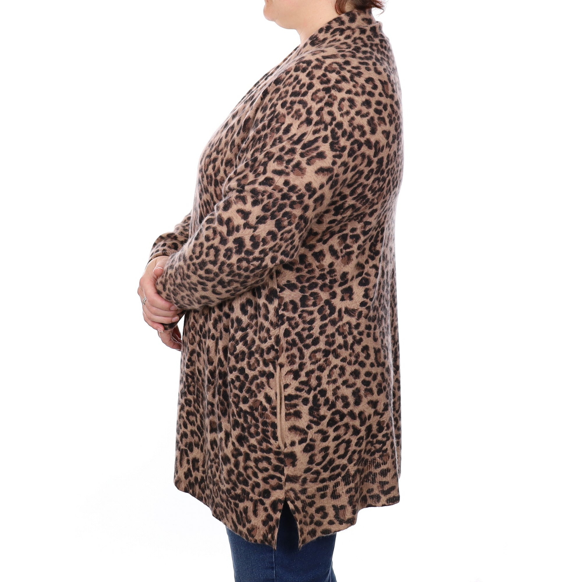 Animal Print Cashmere Edge to Edge Cardigan with Pockets Extra Large
