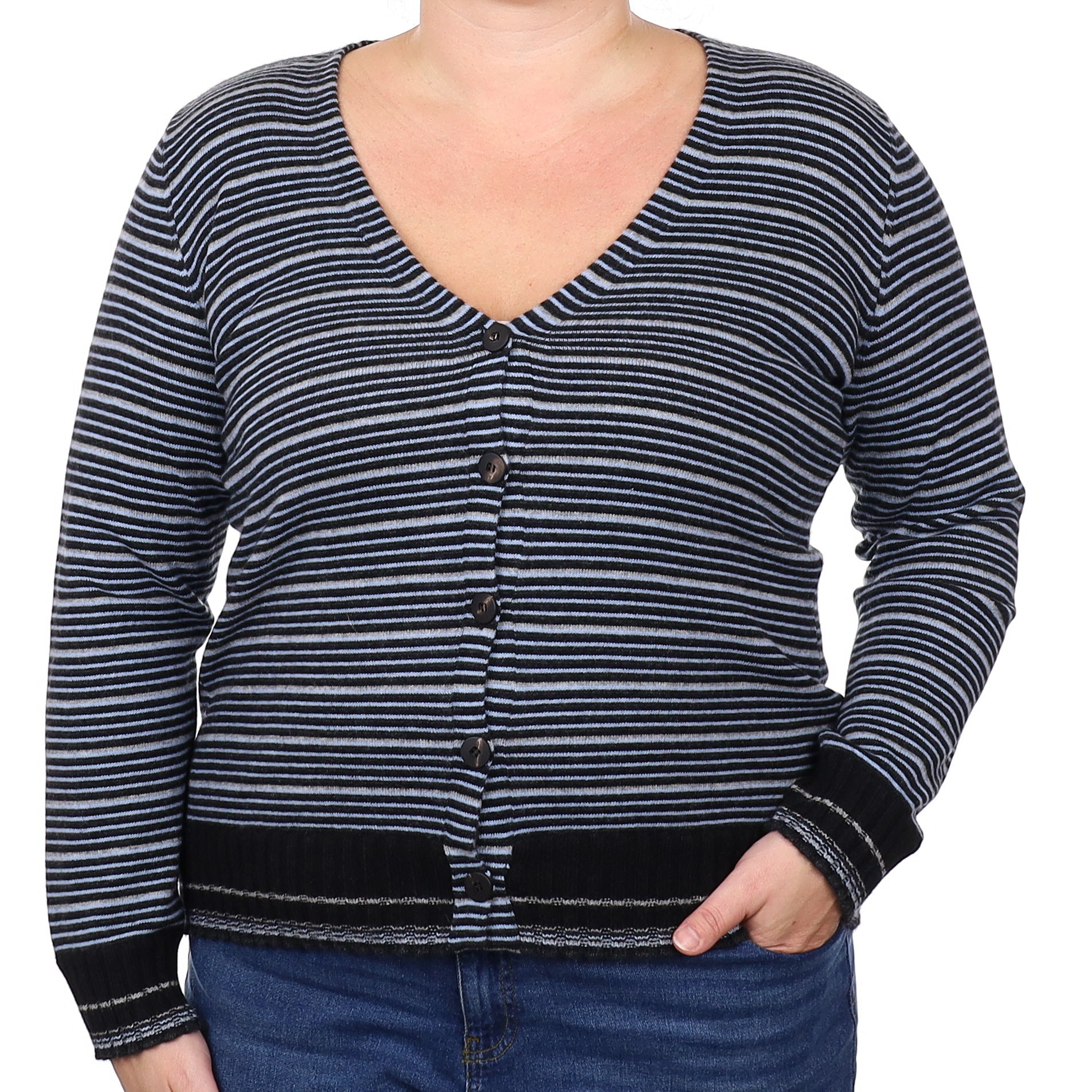 Black and Blue Stripe Cashmere V Neck Cardigan Extra Large