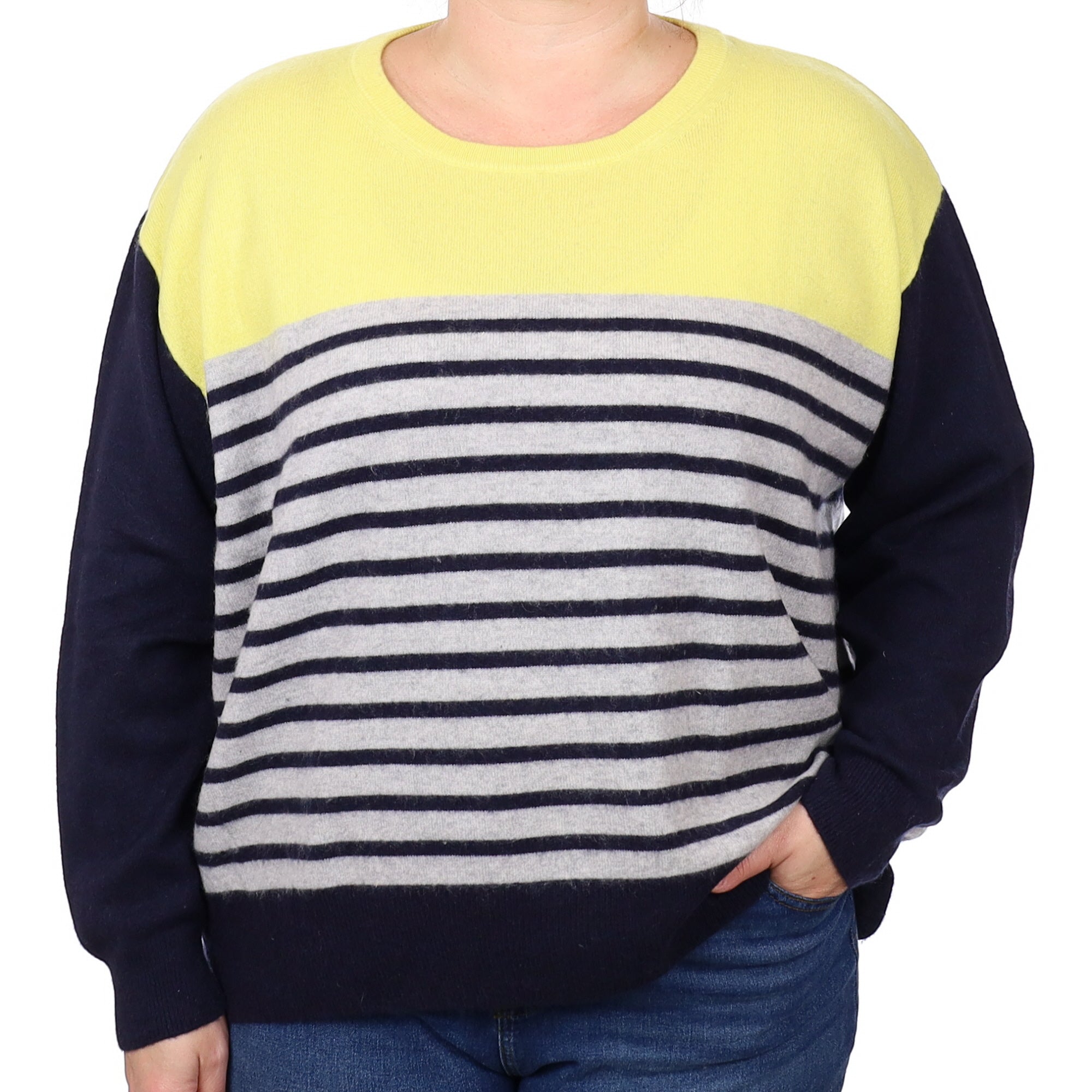 Yellow and Navy Stripe Cashmere Crew Neck Jumper XXXL