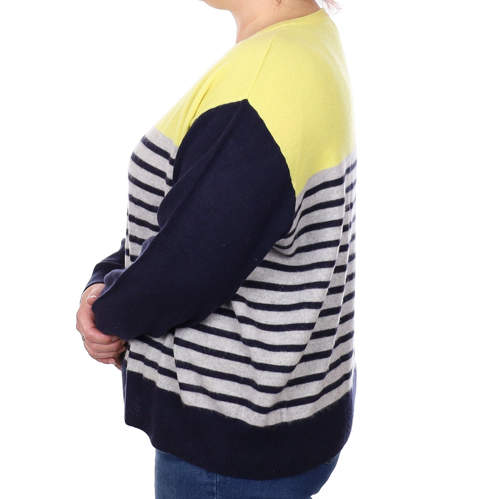 Yellow and Navy Stripe Cashmere Crew Neck Jumper XXXL