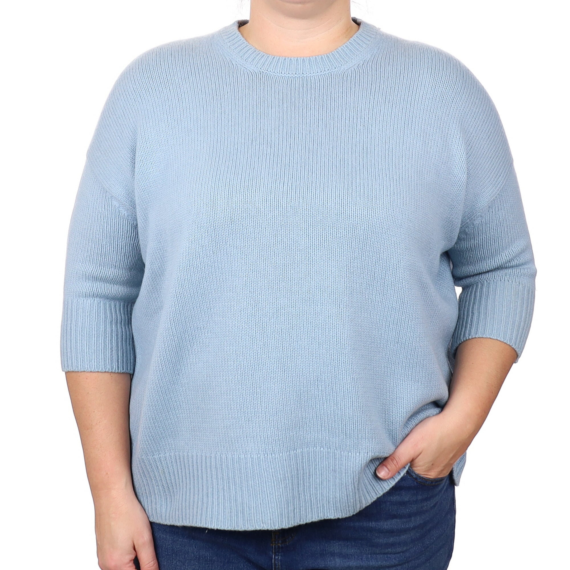 Powder Blue 1/2 Sleeve Cashmere Chunky Crew Neck Jumper Extra Large