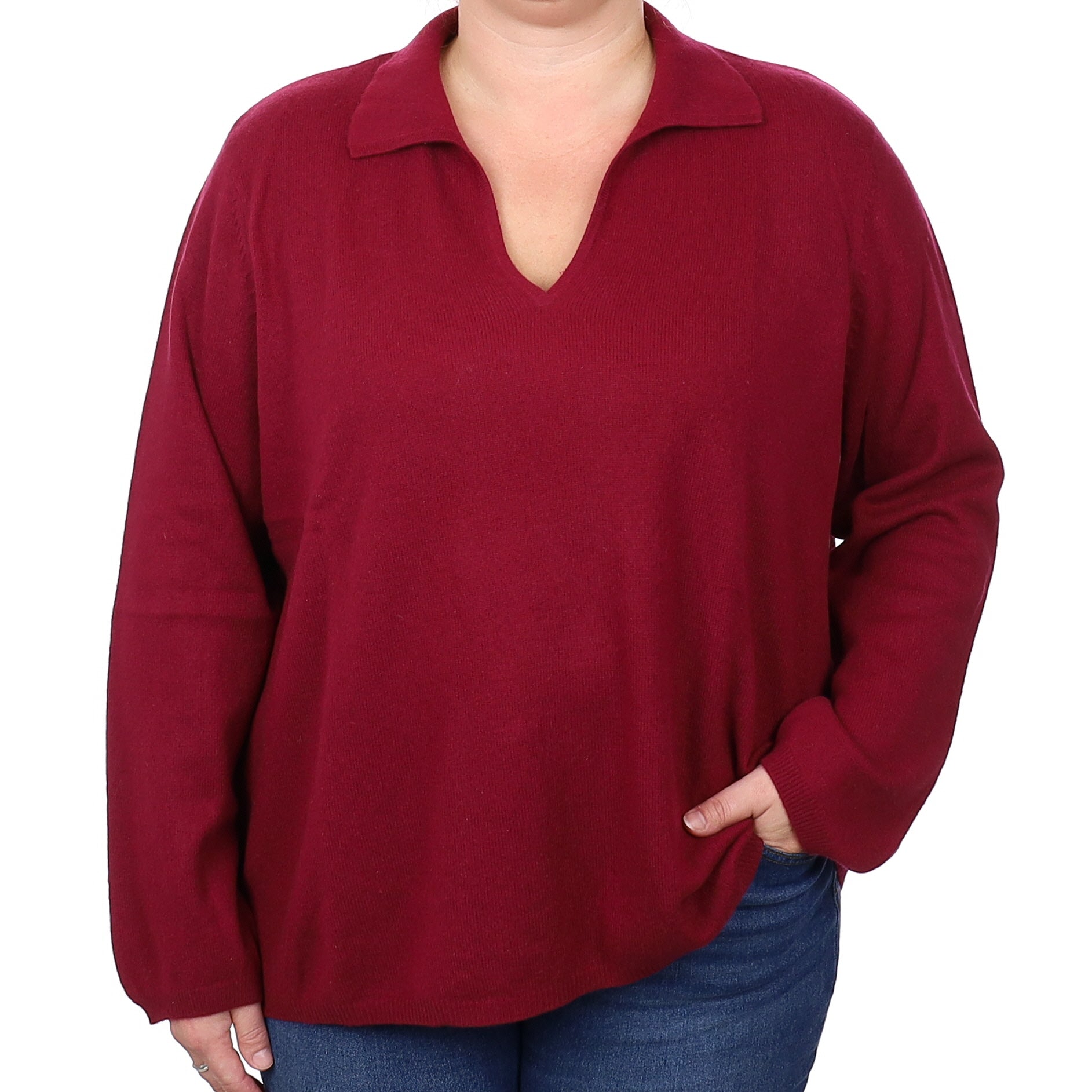 Wine Red Cashmere Collared V Neck Jumper XXXL