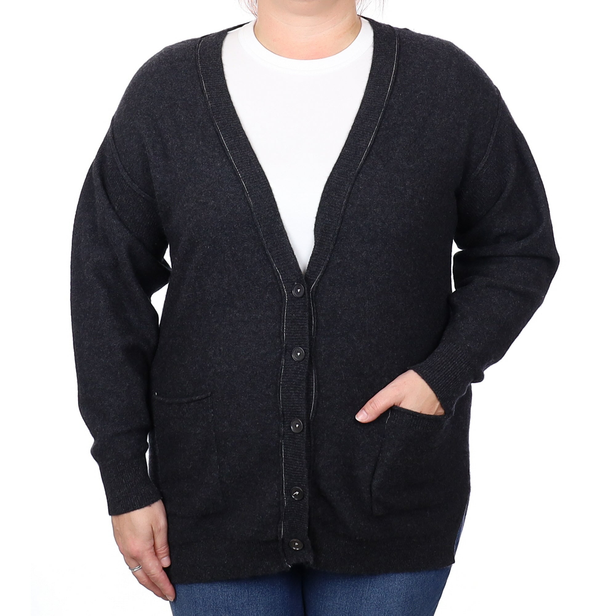 Graphite Grey Cashmere V Neck Cardigan with Pockets Extra Large