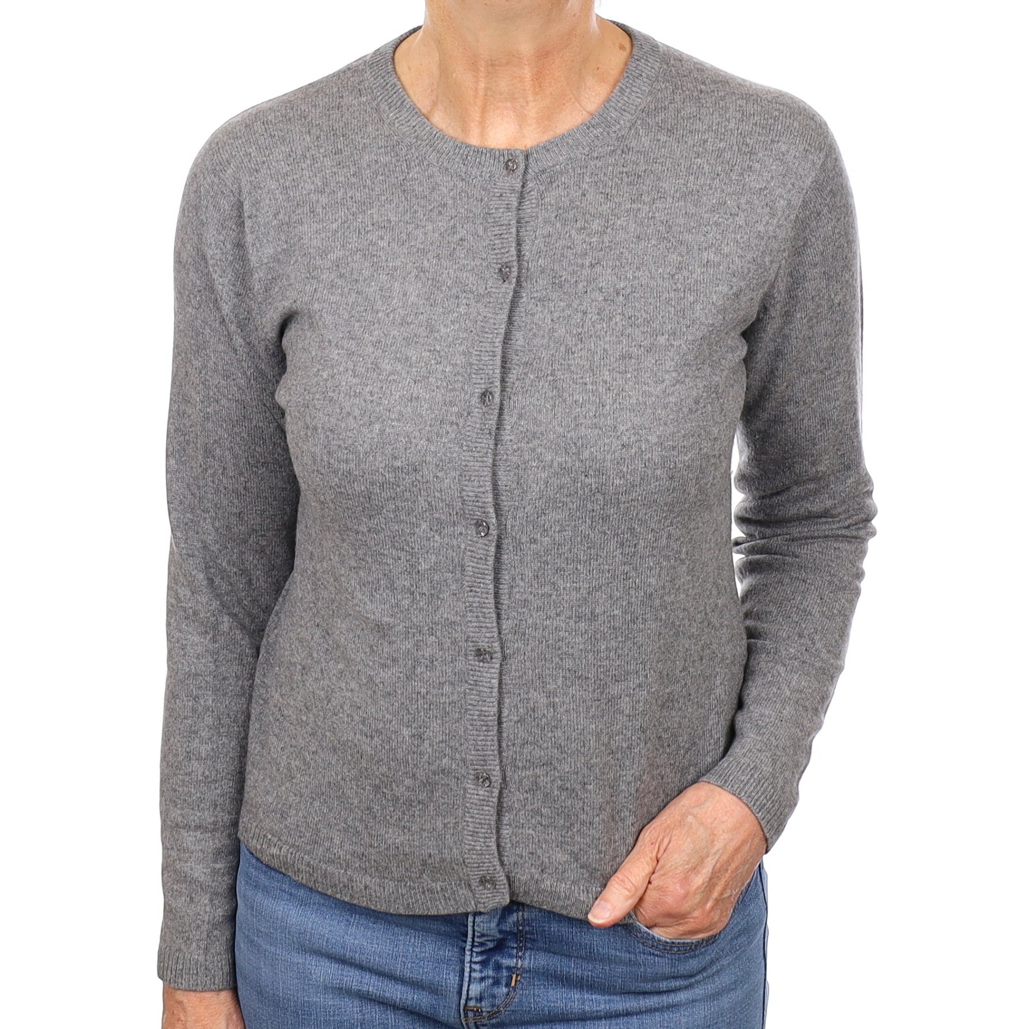 Ash Grey Cashmere Crew Neck Cardigan Medium