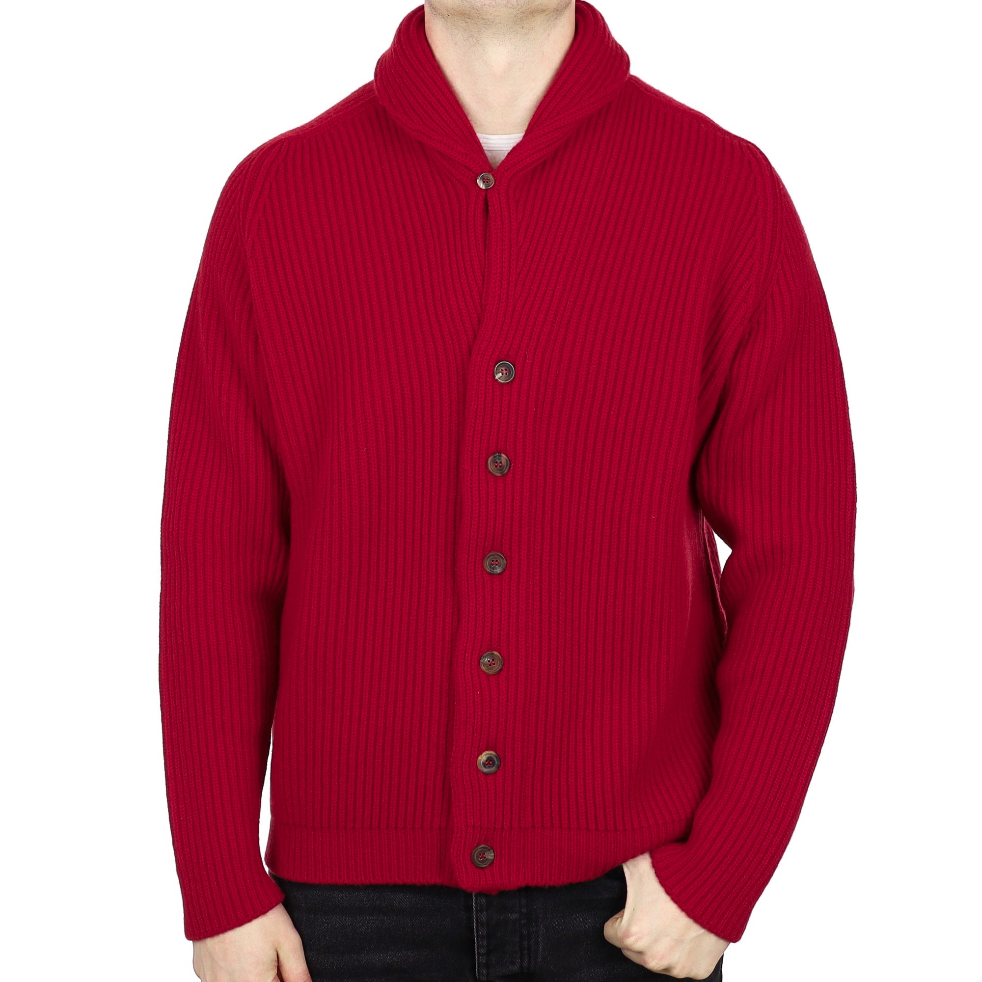 Men’s Begg & Co Scottish Post Box Red Ribbed Shawl Collar Cardigan XL