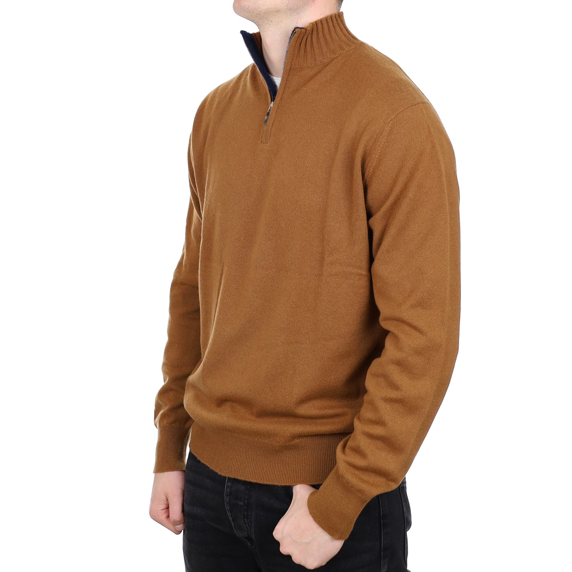 Men's William & Son Scottish Cinnamon Brown Cashmere Quarter Zip Jumper XXL