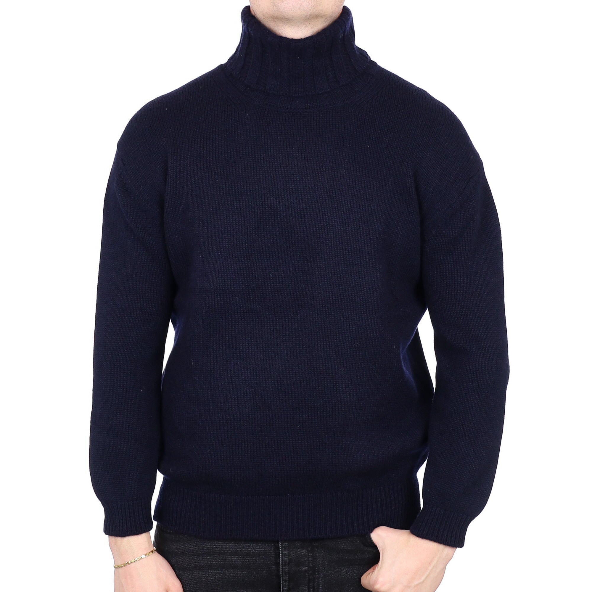 Men's Begg & Co Scottish Navy Chunky Knit Cashmere Polo Neck Jumper XL
