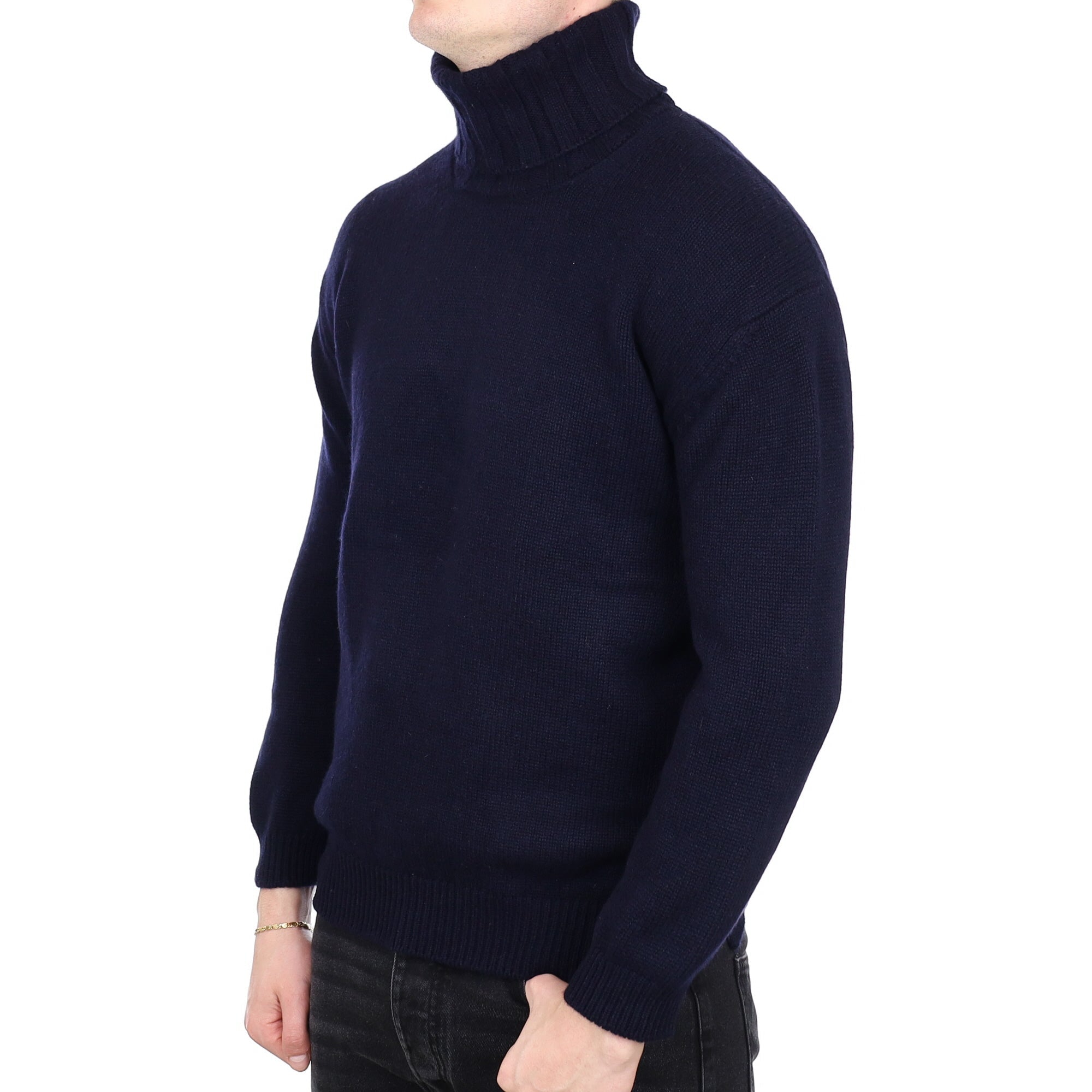 Men's Begg & Co Scottish Navy Chunky Knit Cashmere Polo Neck Jumper XL