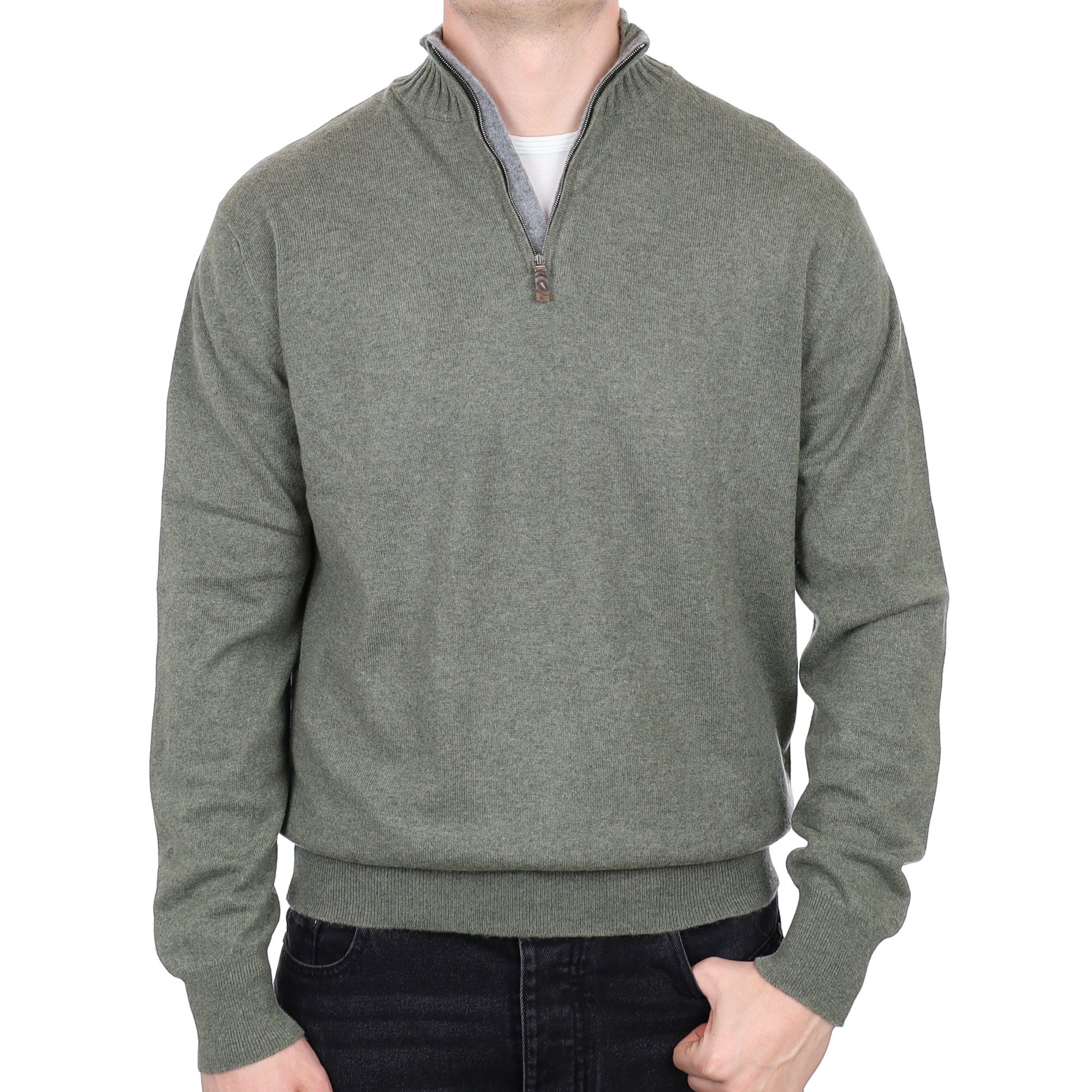 Men's Scottish William & Sons Sage Green Cashmere Quarter Zip Jumper XL