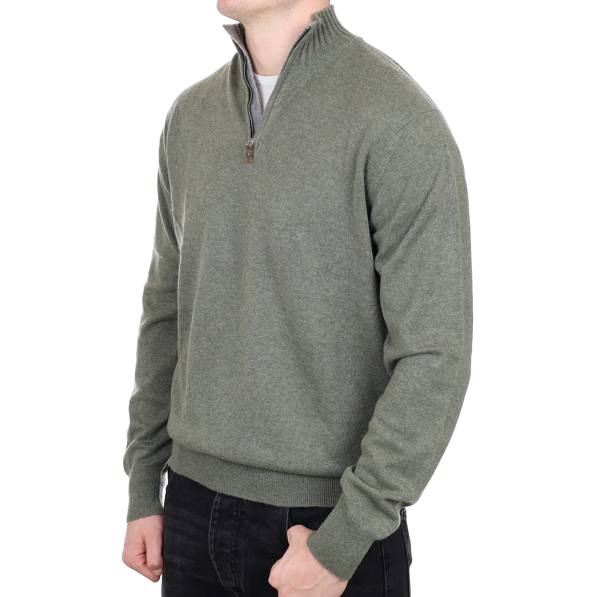 Men's Scottish William & Sons Sage Green Cashmere Quarter Zip Jumper XL