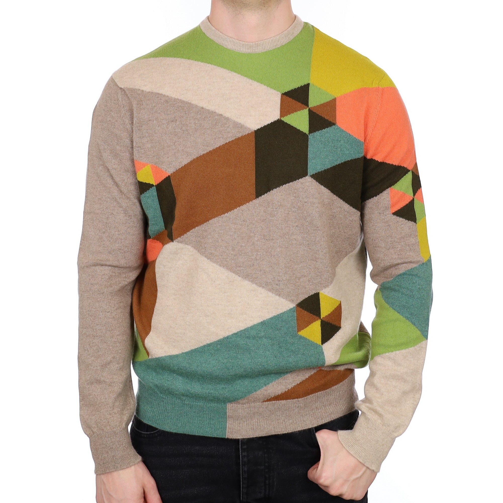 Men's Begg & Co Scottish Fawn Patterned Cashmere Crew Neck Jumper XL