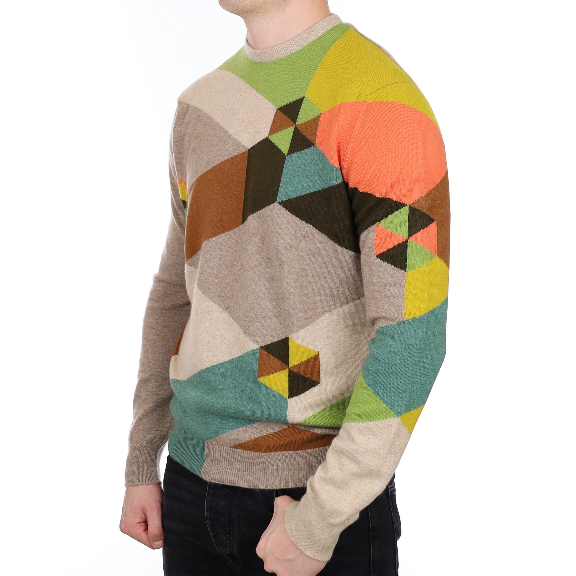 Men's Begg & Co Scottish Fawn Patterned Cashmere Crew Neck Jumper XL