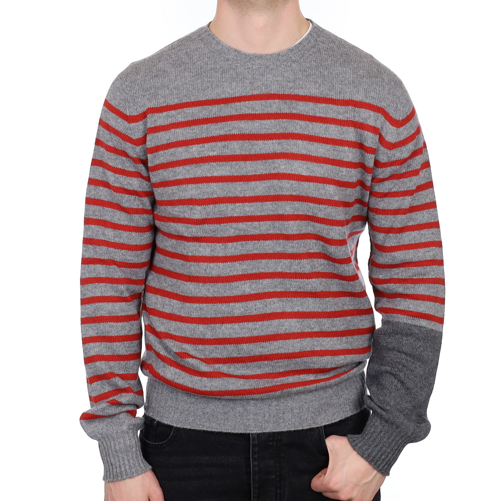 Men's Begg & Co Scottish Grey and Orange Striped Cashmere Crew Neck Jumper XL