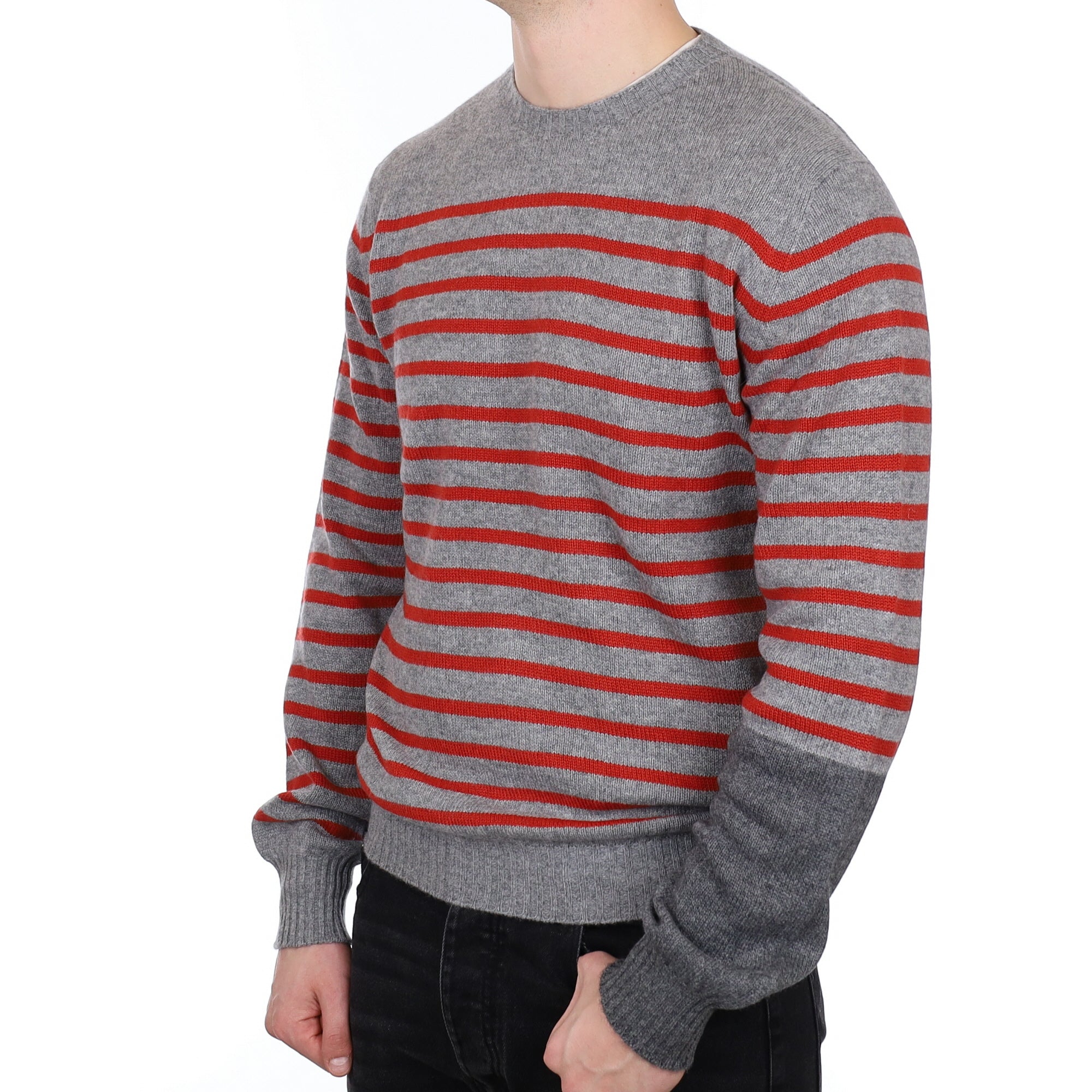 Men's Begg & Co Scottish Grey and Orange Striped Cashmere Crew Neck Jumper XL