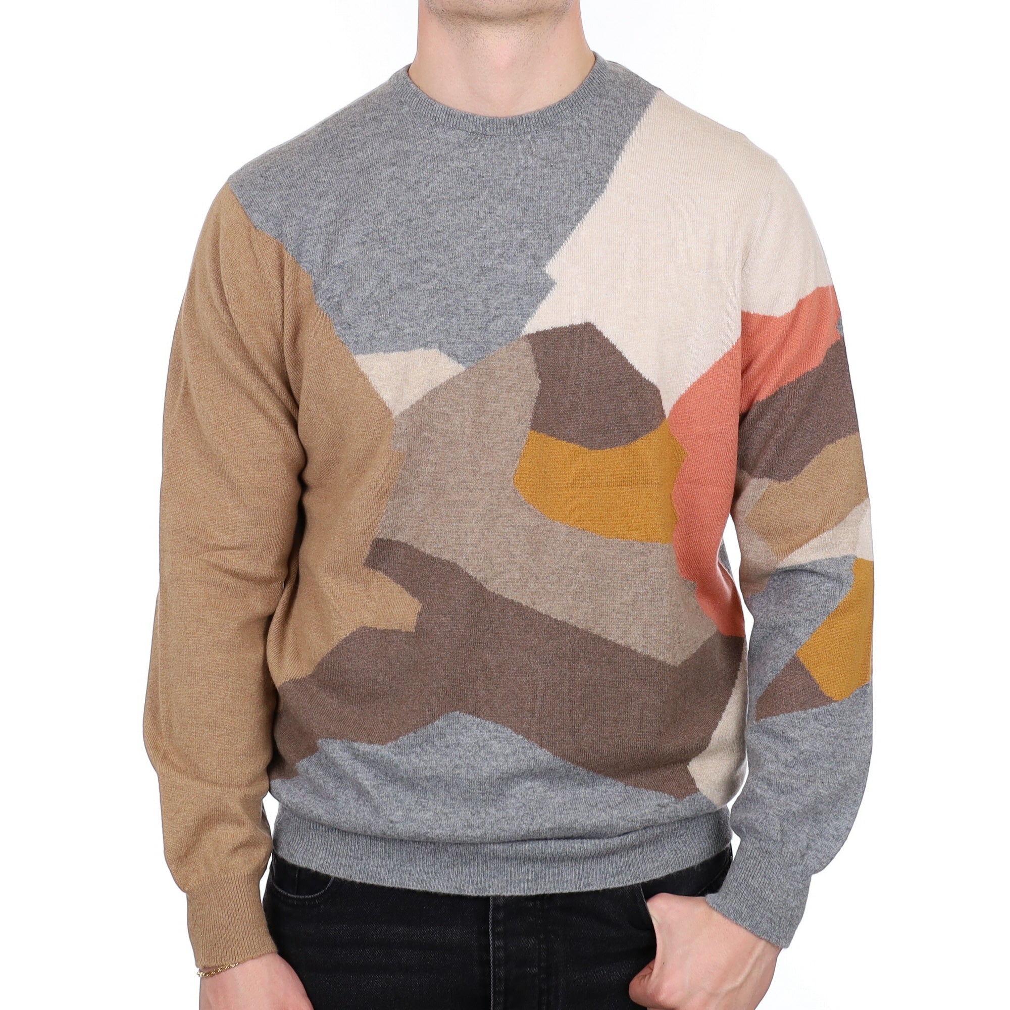 Men's Begg & Co Scottish Smoke Grey Pattern Cashmere V Neck Jumper XXL