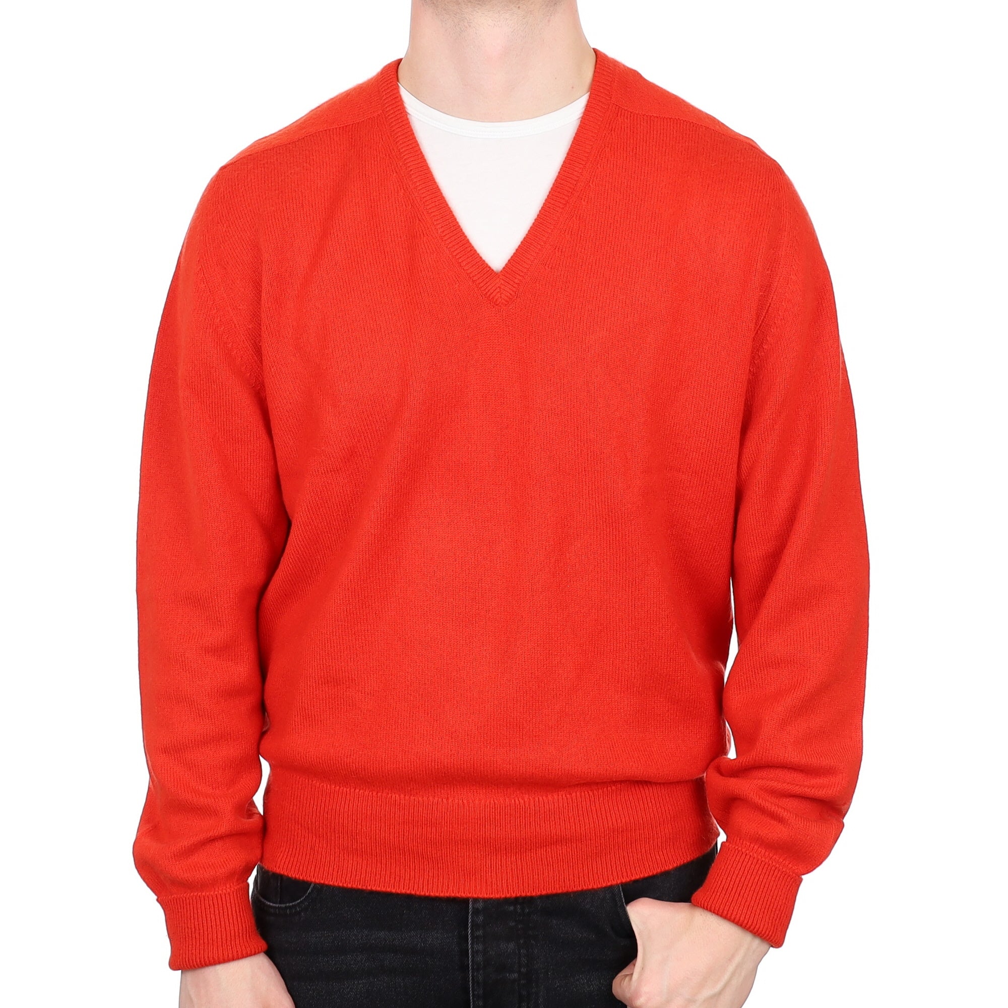 Men's Scottish Vermillion Red Cashmere V Neck Jumper 3XL