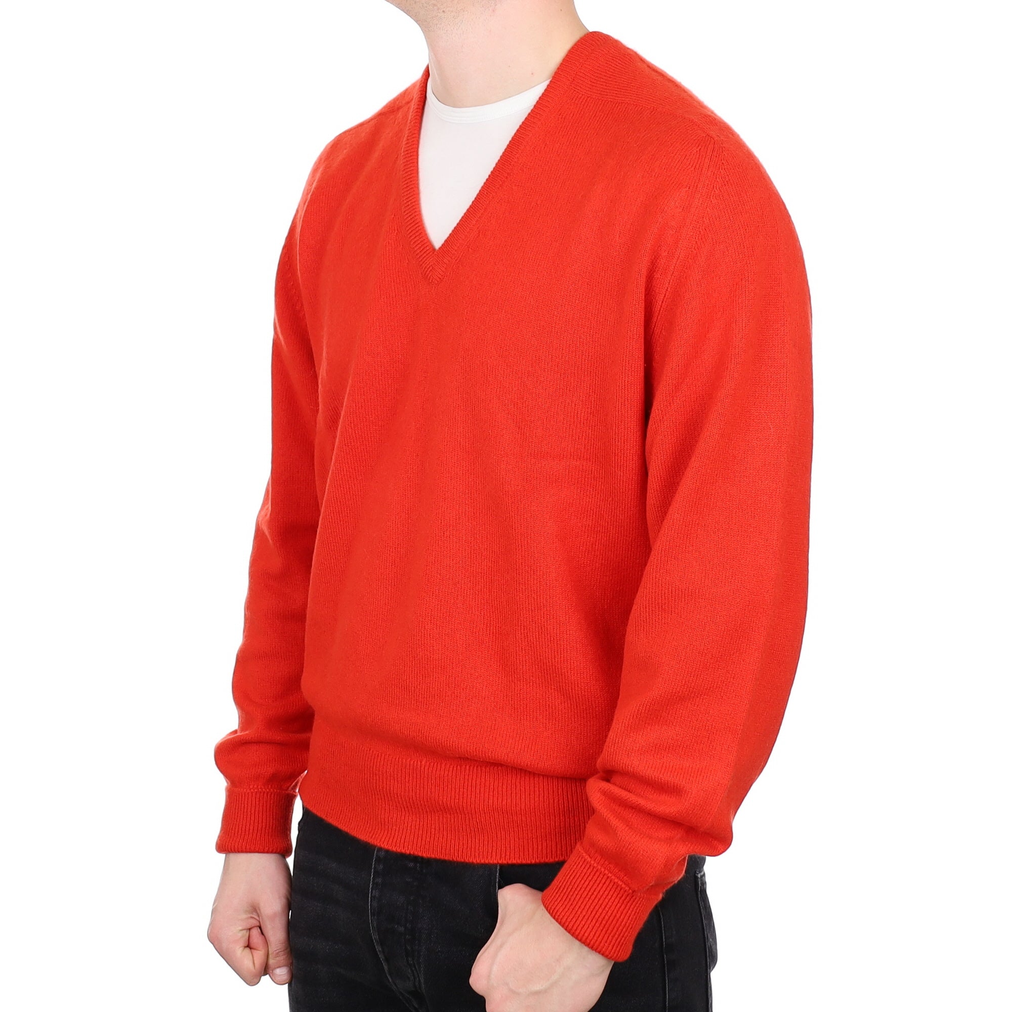 Men's Scottish Vermillion Red Cashmere V Neck Jumper 3XL