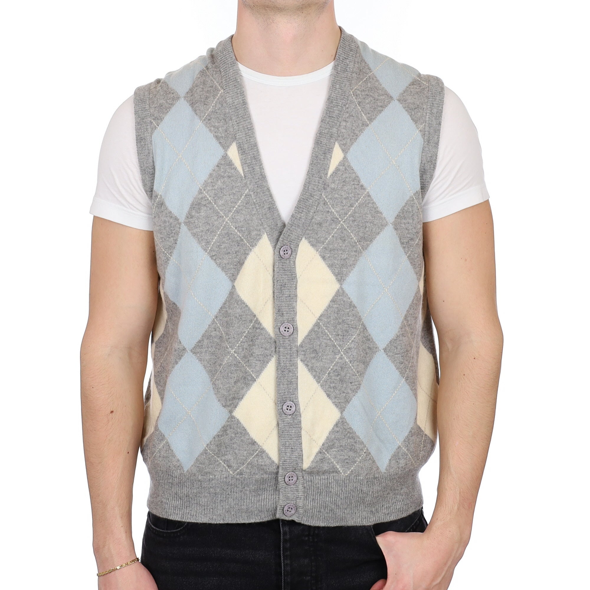 Men's Grey Argyle Cashmere V Neck Waistcoat XXL