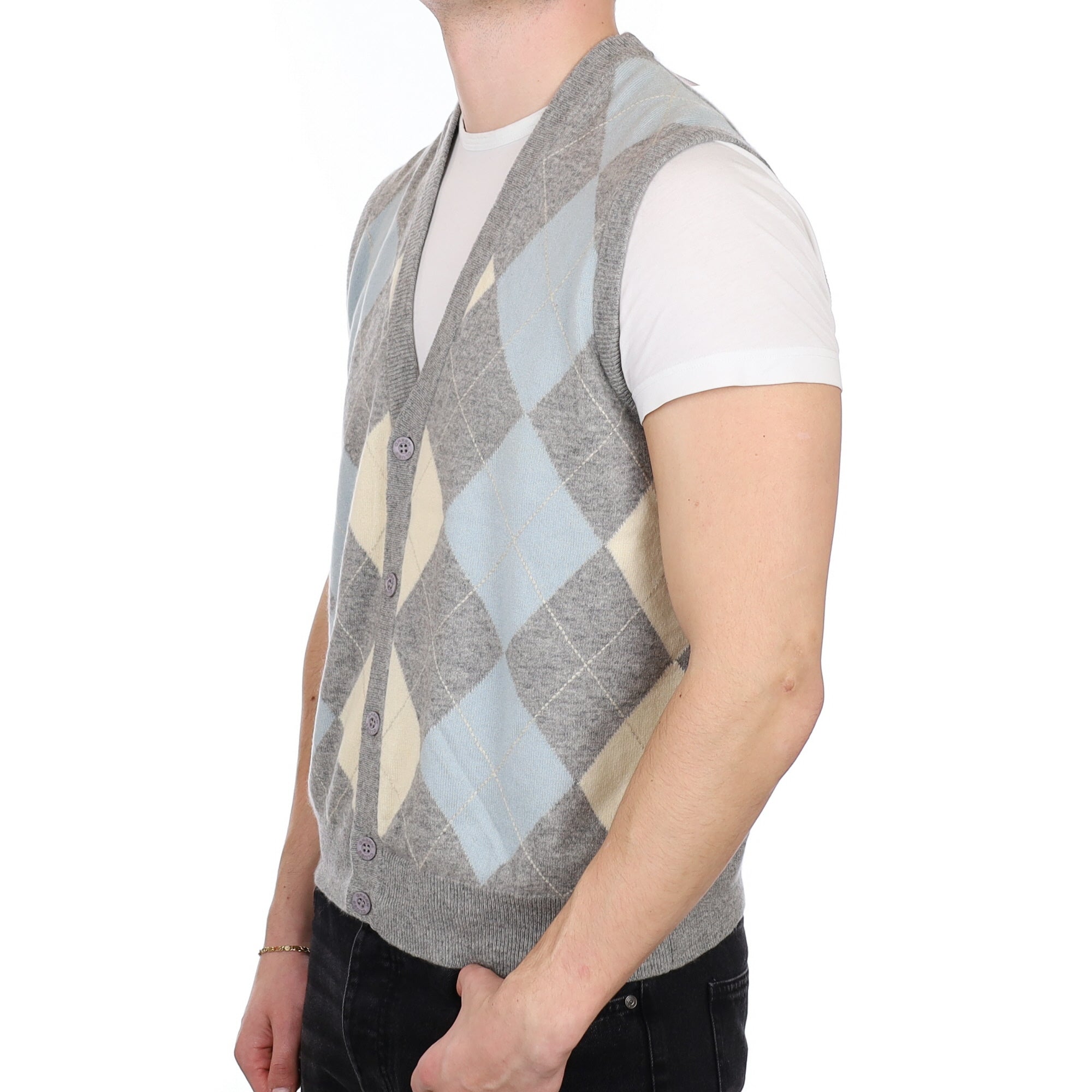 Men's Grey Argyle Cashmere V Neck Waistcoat XXL