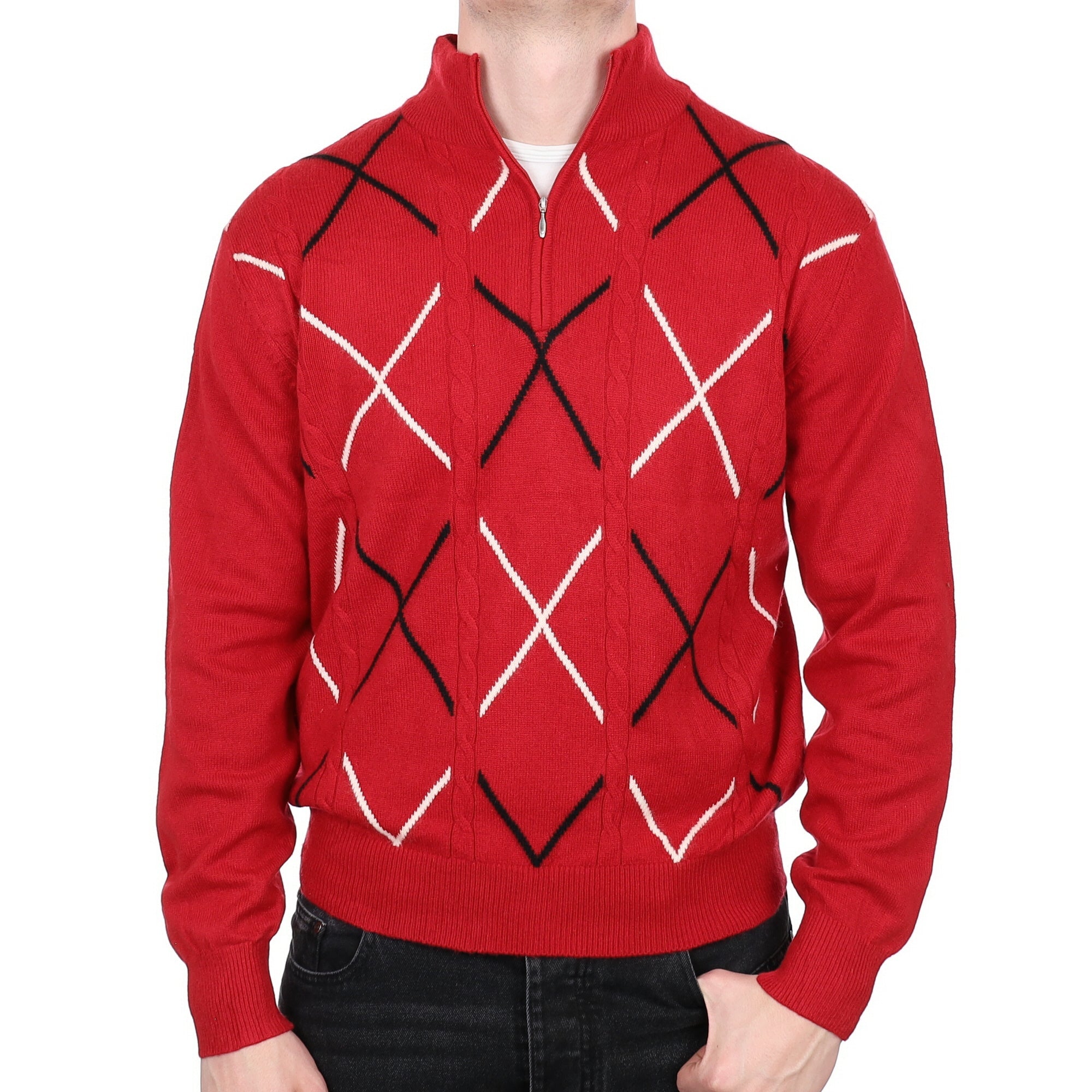 Men's Post Box Red Patterned Cashmere Zip Up Cardigan Crew Neck Jumper XL